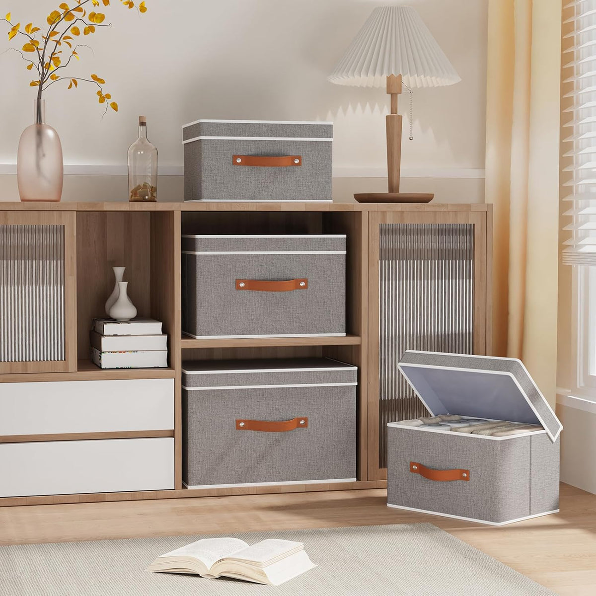 Collapsible Storage Bins with Lids, 5 Pack Linen Foldable Cloth Baskets, 15 x 9.8 x 9.8 Inch Closet Organizer Containers with Double Handles, Sweater Boxes for Bedroom, Grey