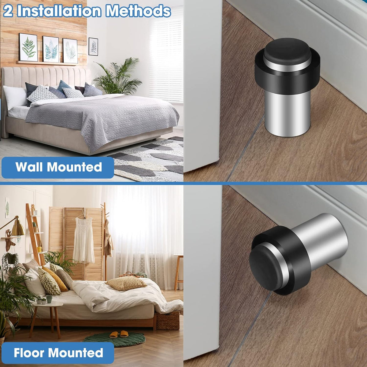 Chumia 10 Pcs Door Stopper Mounted Floor Stops Stainless Steel Cylindrical Stopper Modern Decorative Rubber Bumper Stops Holder Wall Protector for Bottom or Top of Door (Silver)