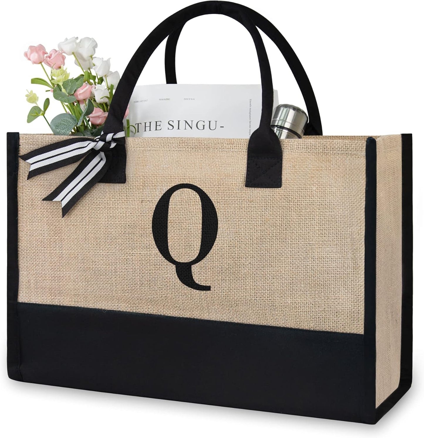 TOPDesign Initial Jute/Canvas Tote Bag, Personalized Present Bag, Suitable for Wedding, Birthday, Beach, Holiday, is a Great Gift for Women, Mom, Teachers, Friends, Bridesmaids (Letter Q)