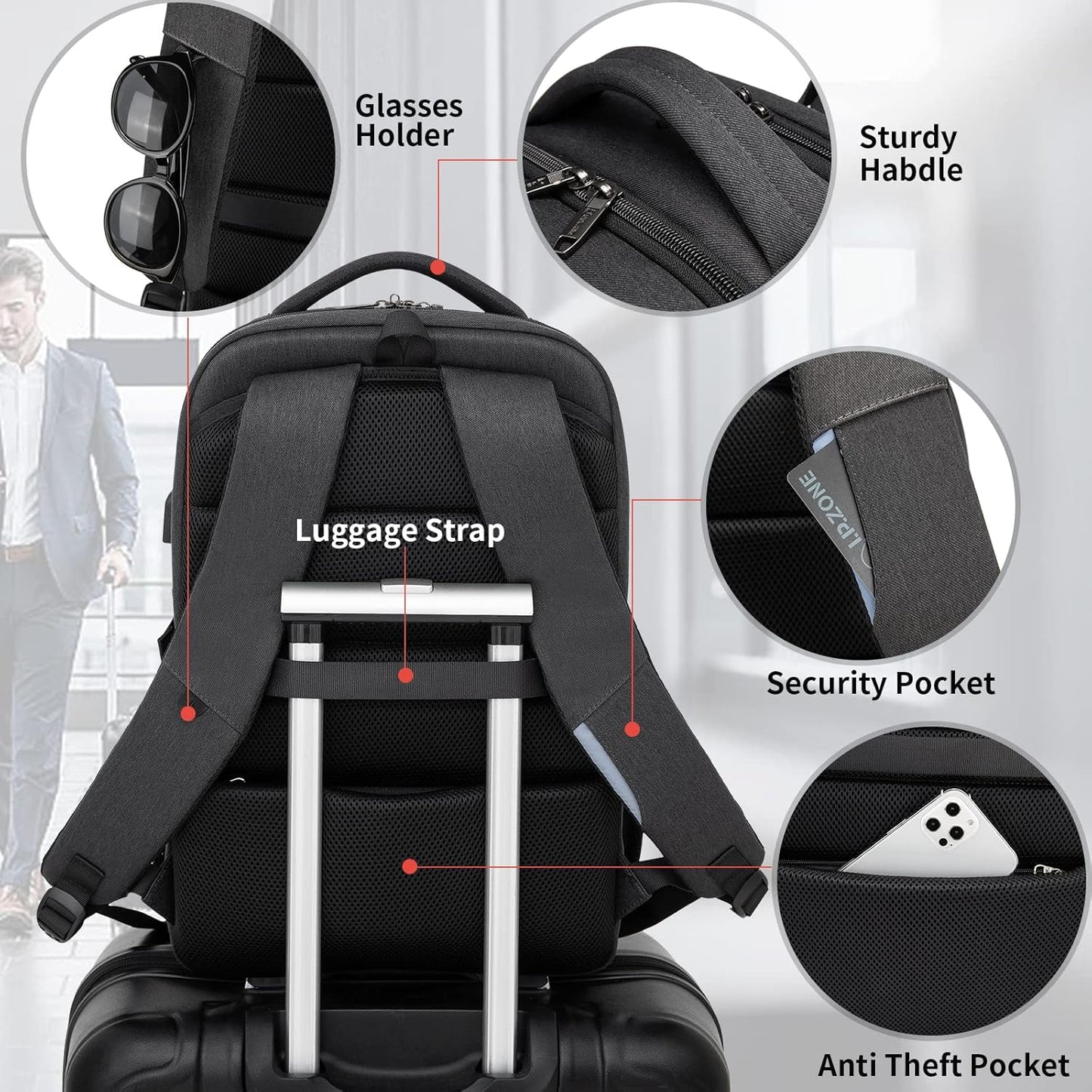 DUSLANG 17 Inch Laptop Backpack for Travel Water Resistant College Backpack for Men/Women Laptop Bag with USB Charging Port and Flower Keychain for backpack, Black