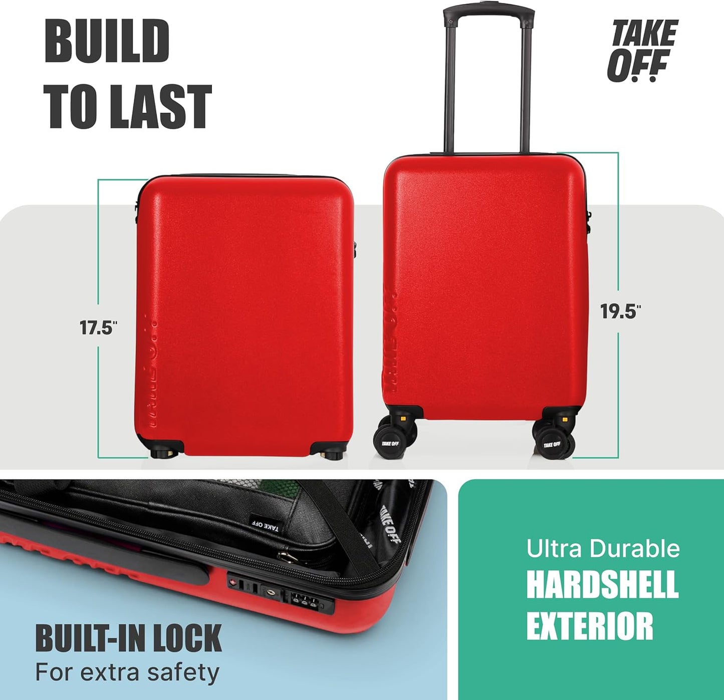 Take OFF Luggage Personal Item 3.0 – 18x14x8 Underseat Carry On with Removable Wheels – TSA Lock, Hardshell Suitcase – Fits Tight Airline Size Rules – No-Fee Lightweight Travel Bag