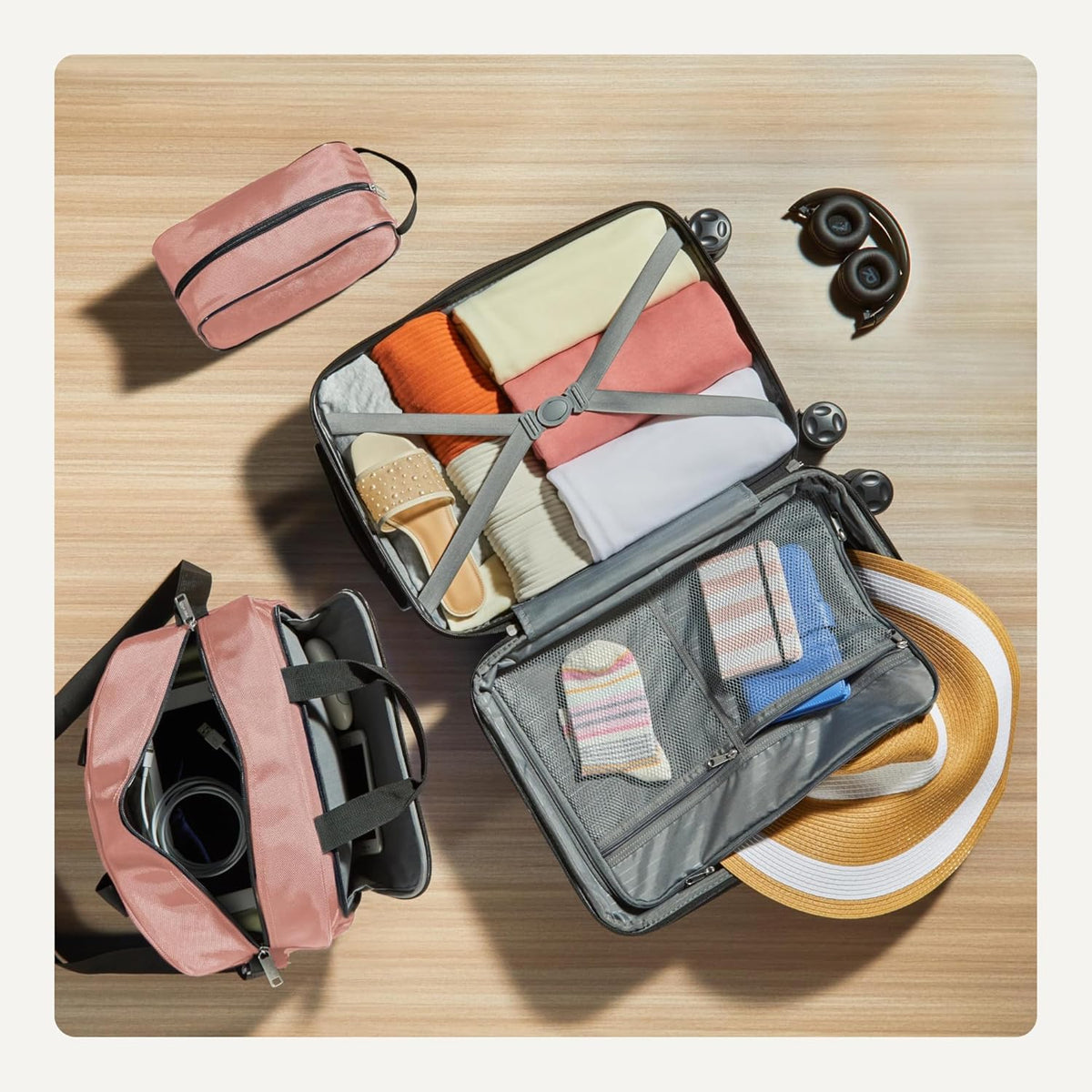 Amazon Basics 3-Piece Luggage Set, Including Carry-On Luggage (22" Expandable Hardside Suitcase With 8 Spinner Wheels), 15" Tote Bag, and 10" Compact Travel Bag, Rose Gold