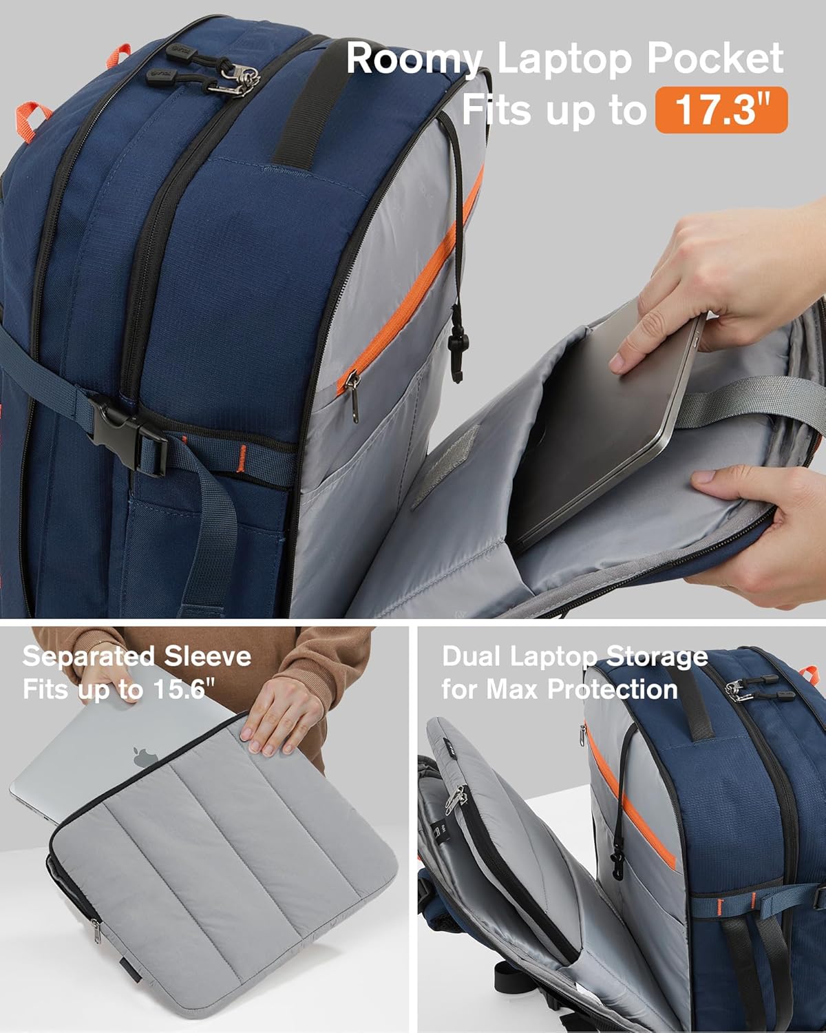 Tolaccea Travel Laptop Backpack, TSA Flight Approved Carry On Travel Duffel Backpack, Dual Laptop Storage for 17.3" and 15.6" Laptop, Large Luggage Backpack 40-45L Expandable for Men Women (Navy Blue)