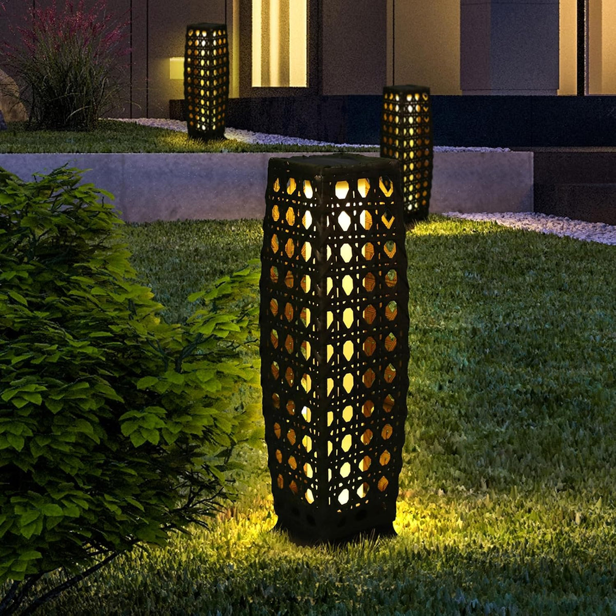 Solar Floor Lamp, Outdoor Floor Lamp Lanterns Outdoor Waterproof, Solar Powered Resin Wicker Lamp, Weather-Resistant Rattan Deck Light for Porch, Garden, Patio