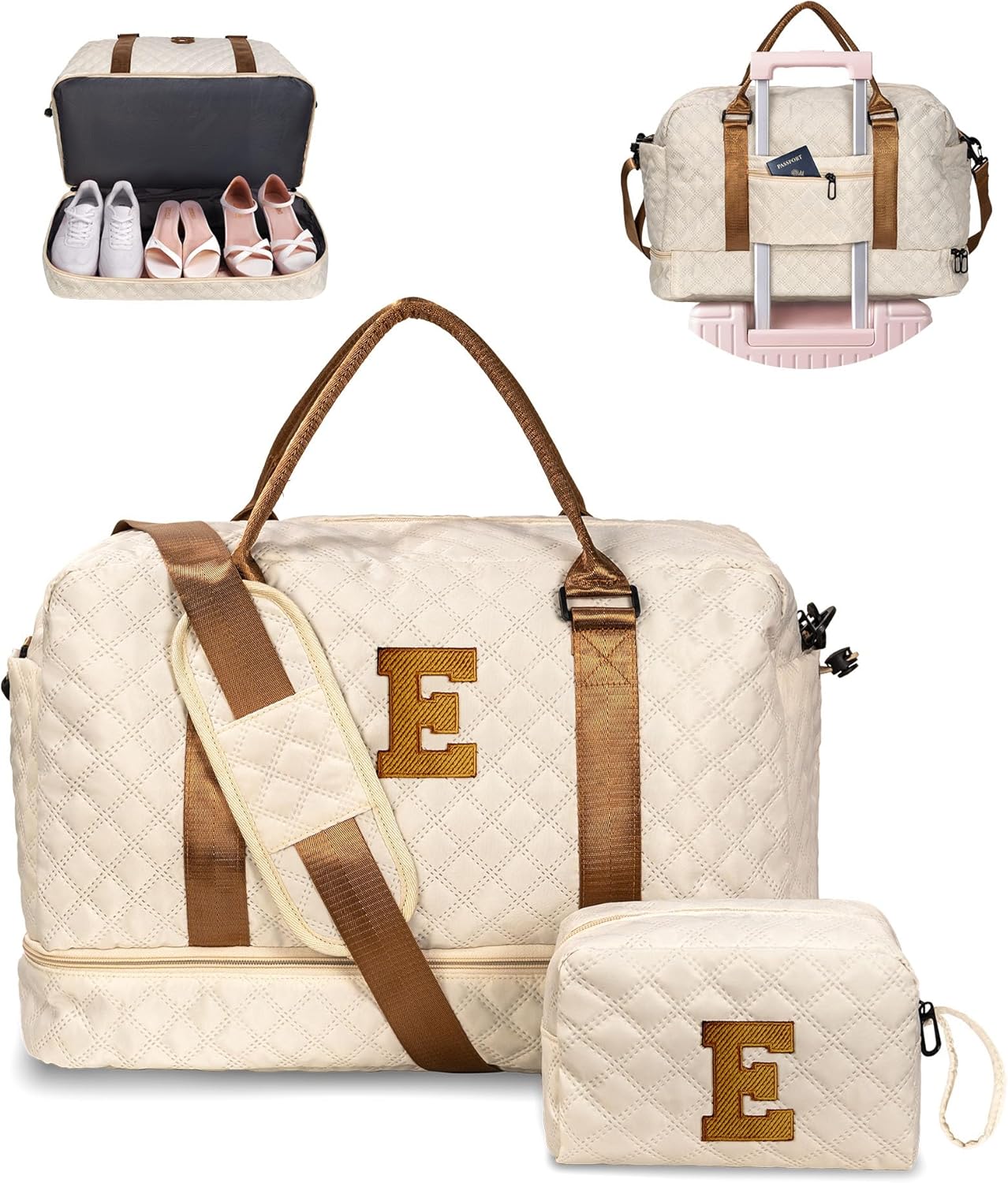 Girls/Kids Initial Duffle Bag with Shoe Compartment, Kids Personalized Travel Bags with Makeup Bag for Women with Trolley Sleeve & Wet Pocket, Gifts for Teenage Girl(Letter E)