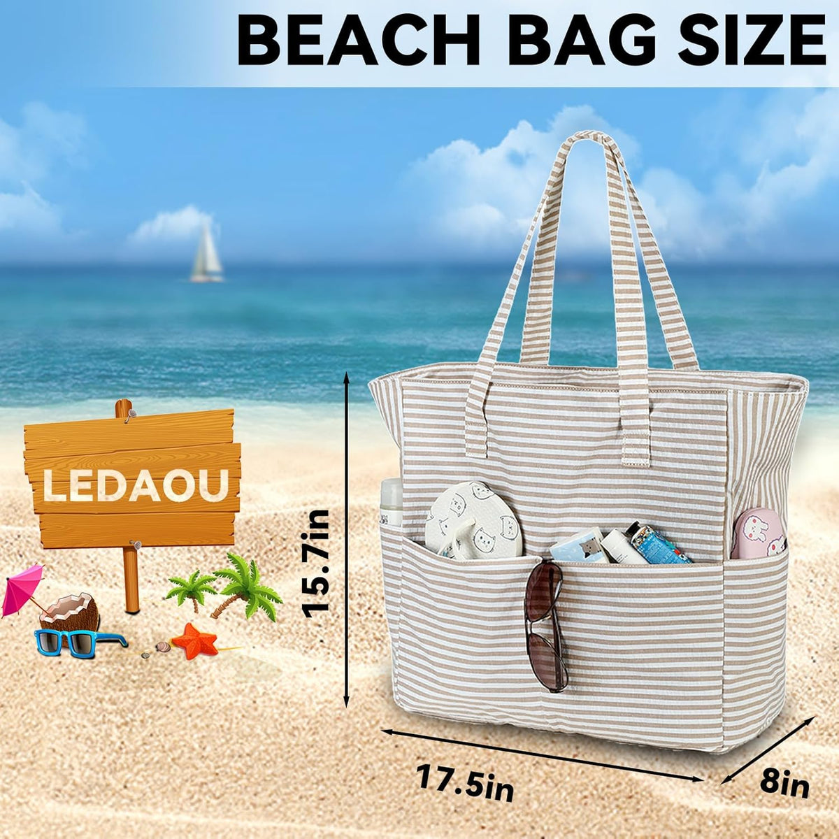 LEDAOU Beach Bag Waterproof Sandproof Women Tote Bag Pool Bag with Zipper for Gym Grocery Travel with Wet Pocket