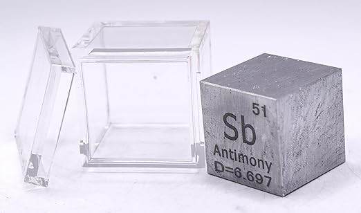 1" 25.4mm Antimony Metal Cube Sb up to 99.9% Pure Periodic Table Element Engraved Density Collection Science Education Display Block Cube + Acrylic Case Box - 1PC