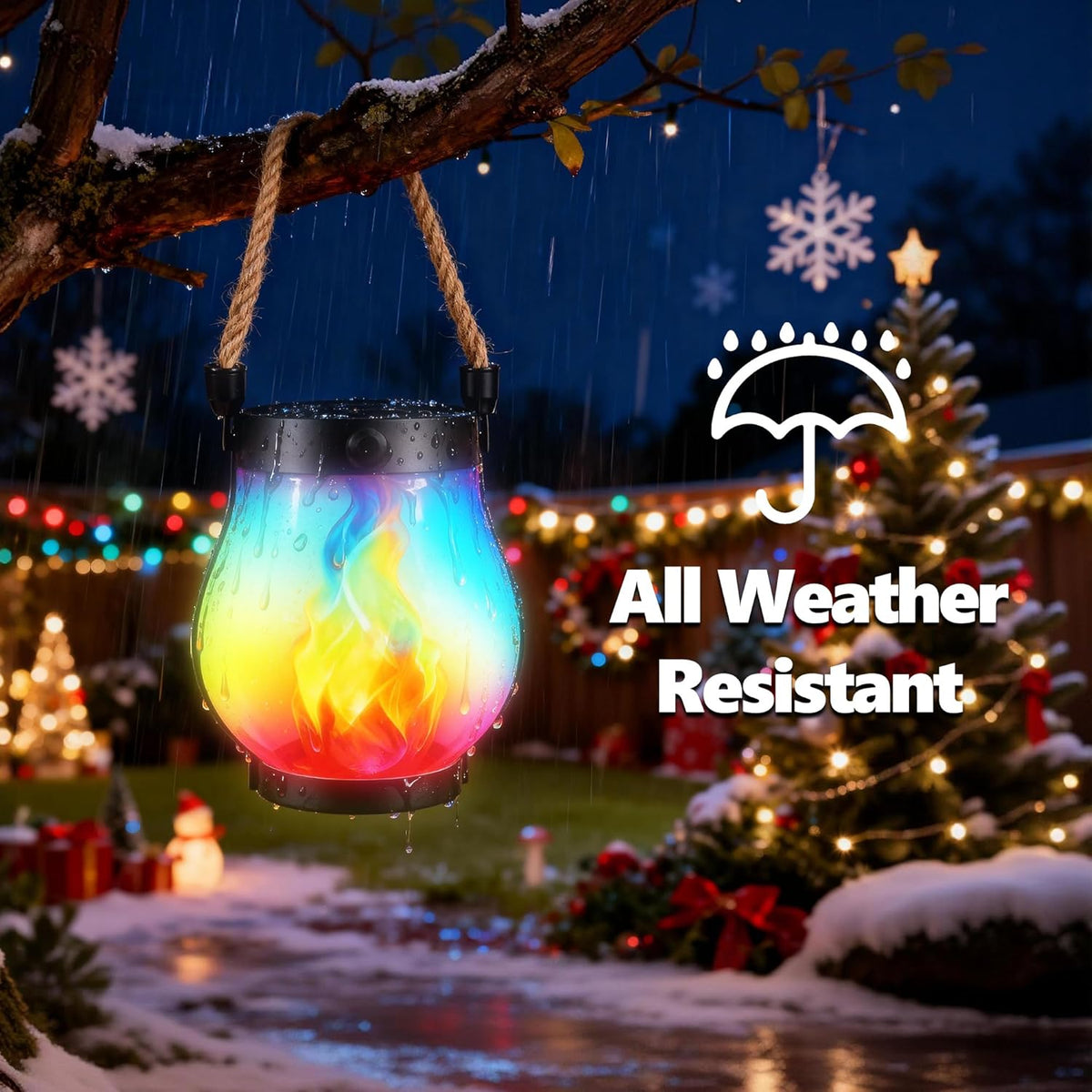 Christmas Solar Flame Lanterns Hanging Outdoor Waterproof - 2 Pack Flame Lanterns with Dual Charging Modes of Solar & USB for Garden or Yard Christmas Decorations (Multicolor - 2 Pack)