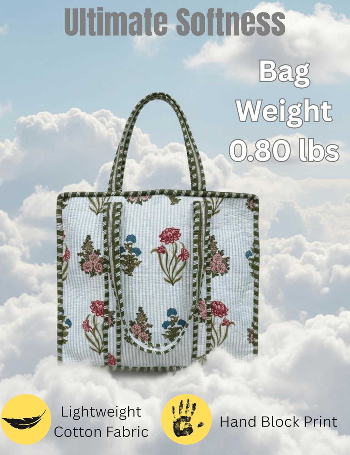 Cotton Quilted Tote Bag for Women – Large Beach & Travel Tote with Zipper, Reusable Grocery Bag