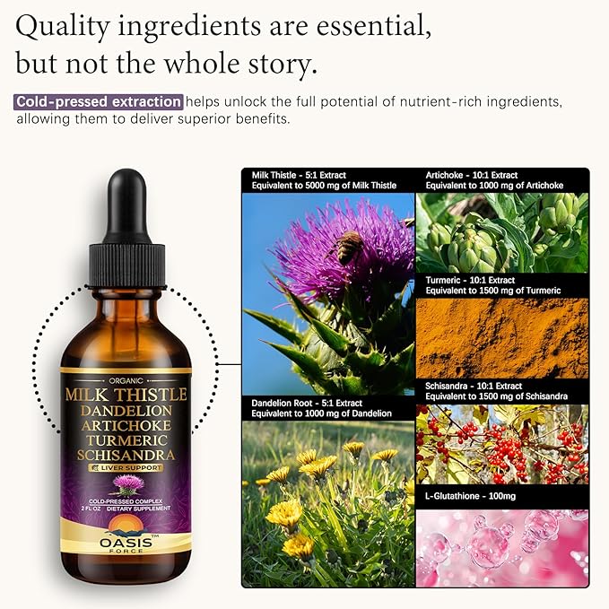 Oasisforce Organic Milk Thistle Extract Liquid for Liver Cleanse Detox & Repair, Silymarin Milk Thistle Drops Supplement with Dandelion & Artichoke for Liver Support, Vegan, Alcohol-Free, 2 FL OZ
