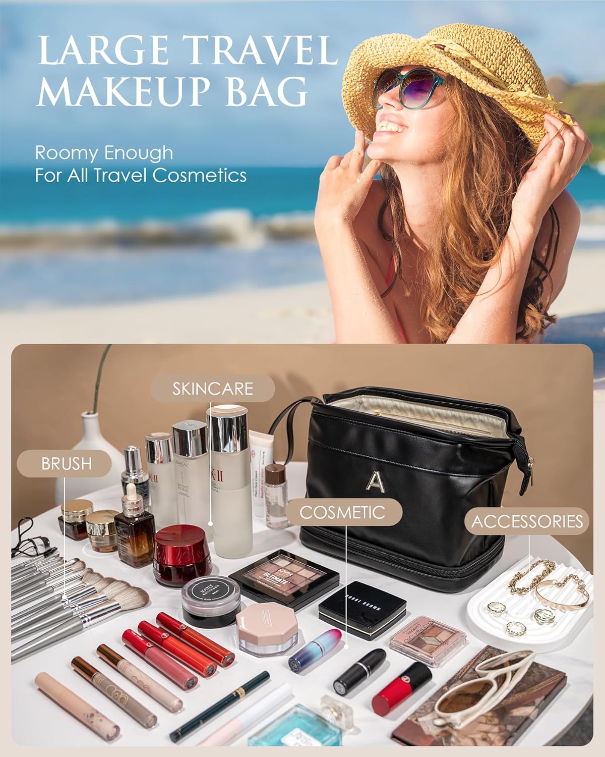 Travel Essentials for Friends Female Mom, Personalized Makeup Bag, Double Layer Cosmetic Bag with Makeup Brush Organizer, Waterproof, Large Capacity PU Leather Toiletry Bag Customized Gifts