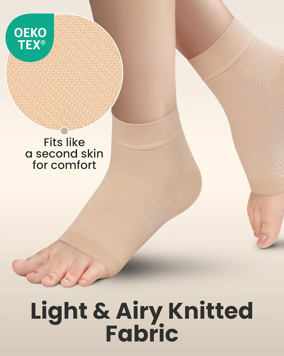 KEMFORD Ankle Compression Sleeve - Plantar Fasciitis Braces - Open Toe Compression Socks for Swelling, Sprain, Neuropathy, Foot Arch Support for Men and Women - 20-30mmhg, L, Beige