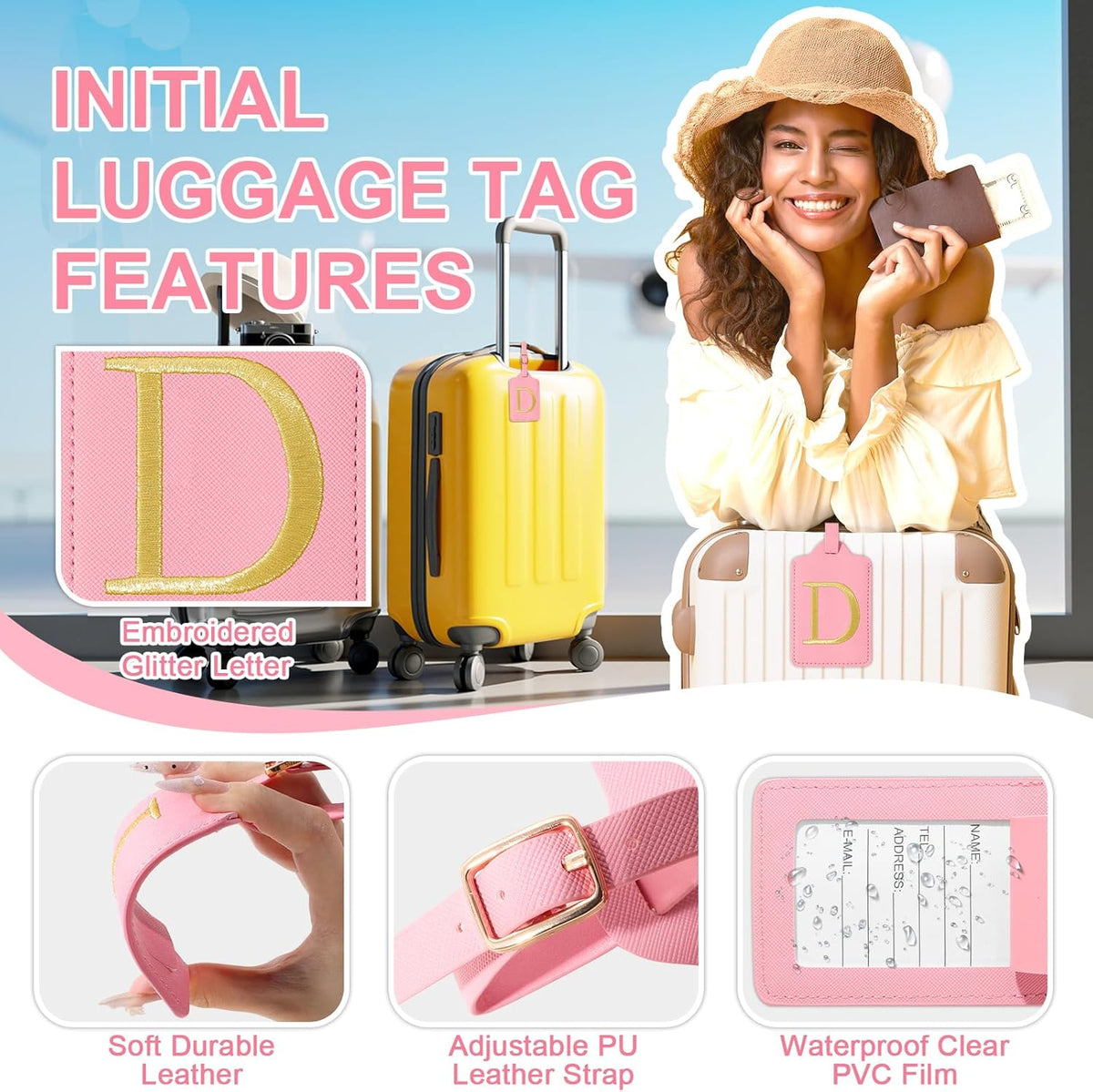 Personalized Initial Luggage Tags for Suitcase, Pink Leather Cute Luggage Tags with Privacy Cover Name Card, Embroidered Custom Monogrammed Luggage Tag Travel Bag Baggage Tags Gifts for Women Kids(D)