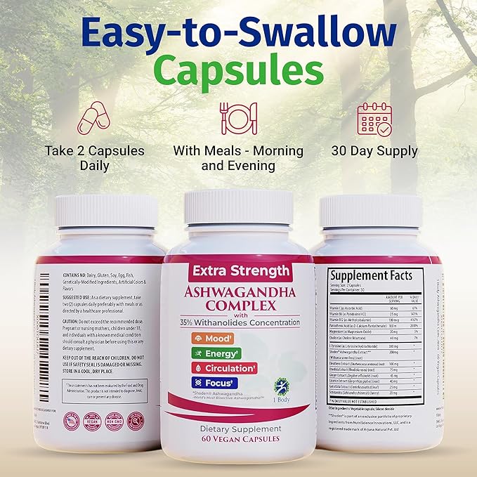 100% Natural Shoden Ashwagandha Complex Supplement - Ultra High Potency 35:1 Concentrated Root Extract for Sleep & Energy Support - Vegan, Non-GMO - 60 Capsules