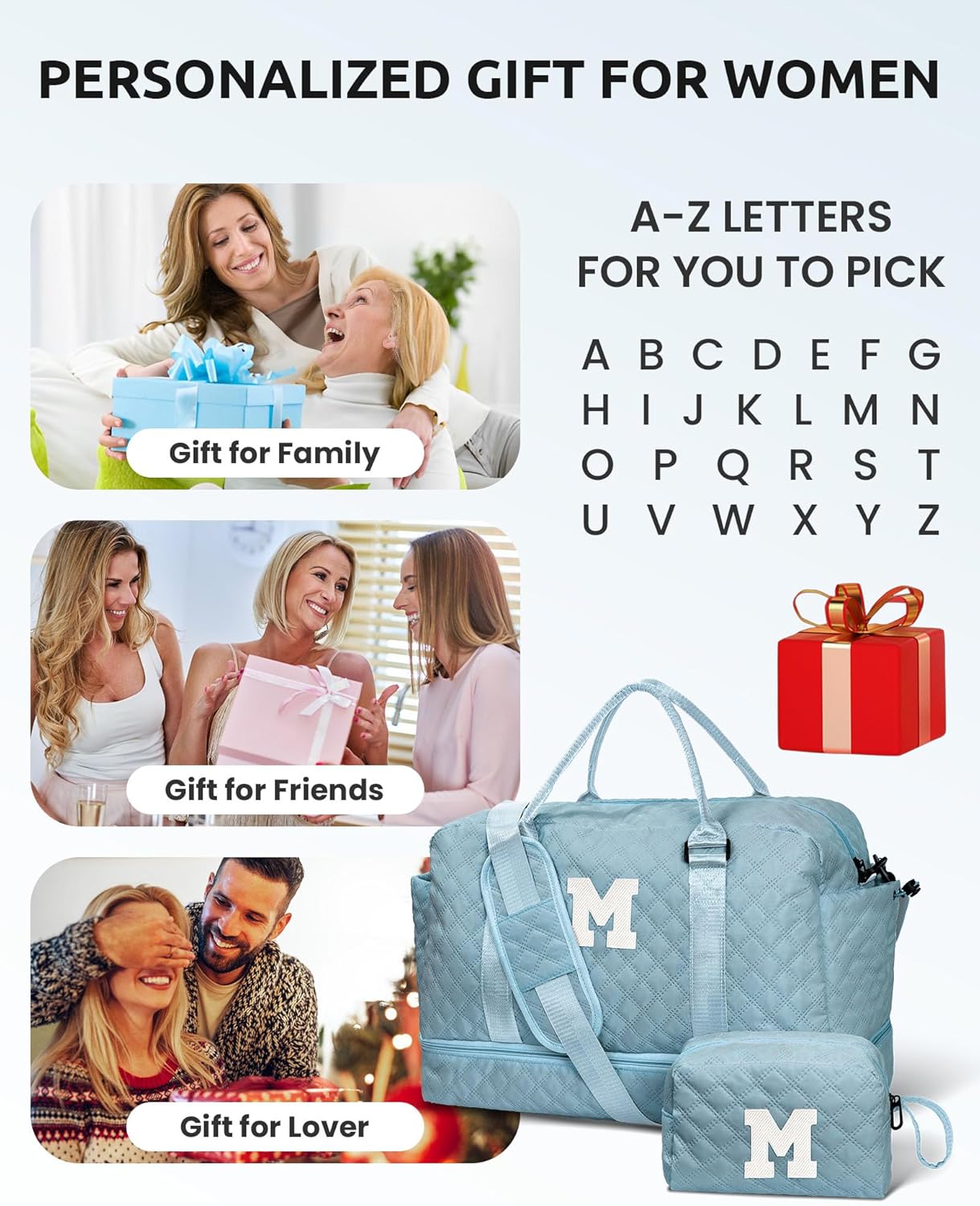 Weekend Bag | Personalized Monogram & Wet Pocket | Lady's Overnight Travel Carrier with Makeup Bag as Gift