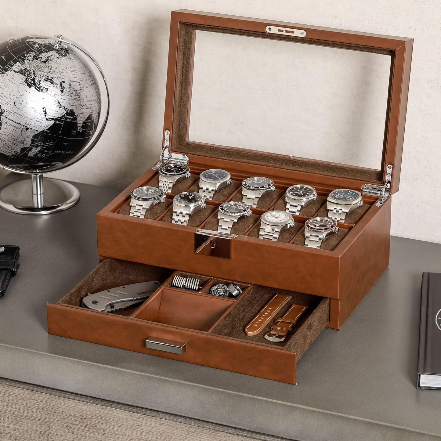 ROTHWELL 10-Slot Watch Box in Leather with Valet Drawer, Luxury Watch Case Display Organizer with Ultra Soft Microsuede Liner, Jewelry and Sunglass Holder With Large Glass top (Tan/Brown)