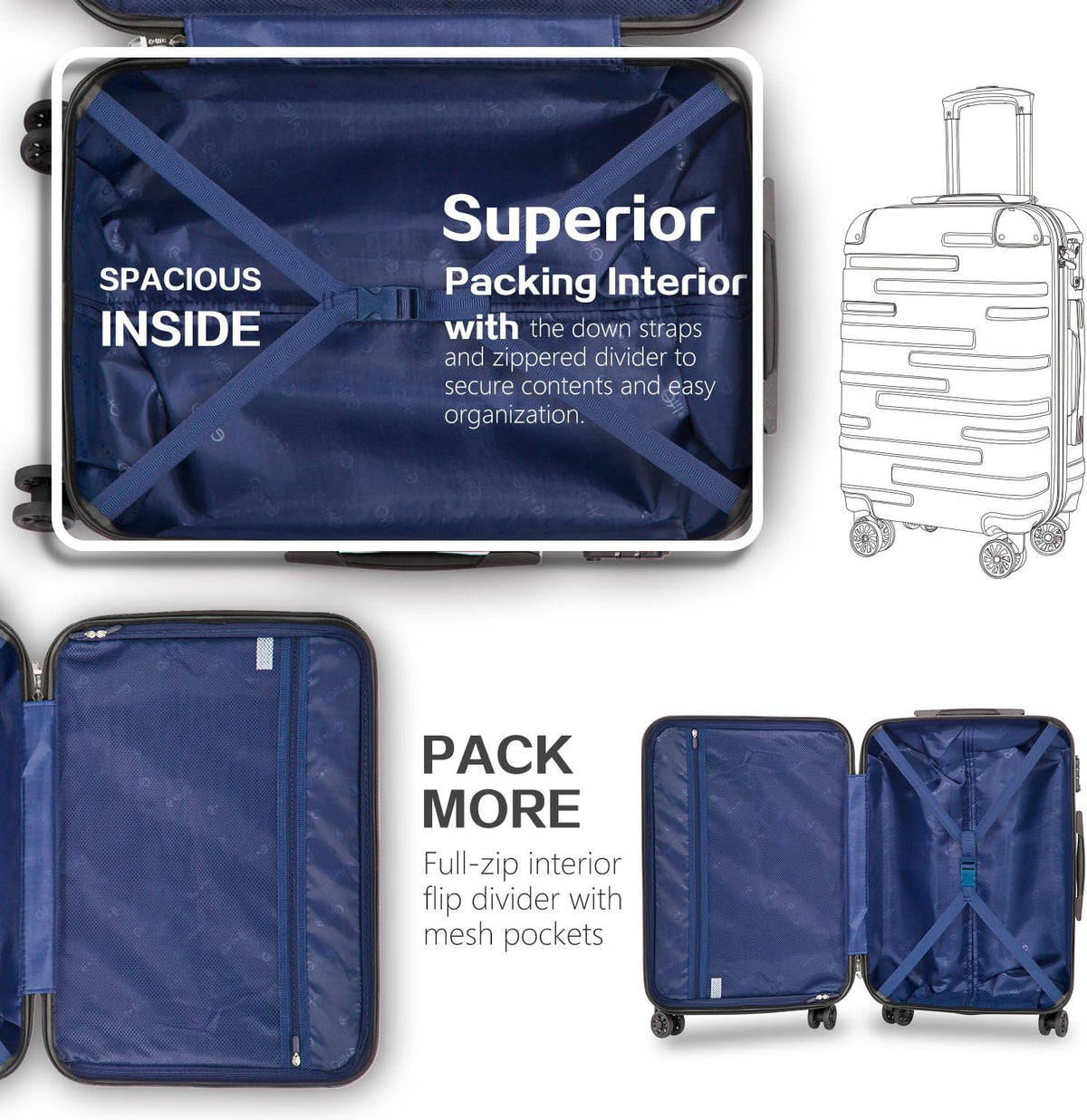 Coolife Luggage Expandable(only 28") Suitcase 3 Piece Set with TSA Lock Spinner 20in24in28in (blue)