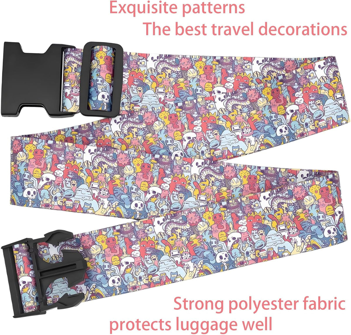 Monsters Luggage Straps for Suitcases, Adjustable Luggage Travel Belt to Keep Luggage Security While Travel, Strong Polyester Fabric, Easy-to-Recognize Funny Pattern Travel Essentials, 2 Pack