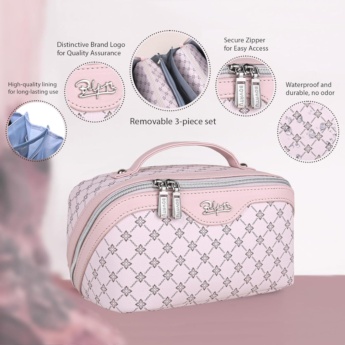 BOYATU Travel Makeup Bag Cosmetic Bags for Women: 3 Pcs Set Portable Make up Bag with Handle - Vegan Leather Toiletry Bags with Compartments - Makeup Organizer for Travel Essentials(01-Pink)