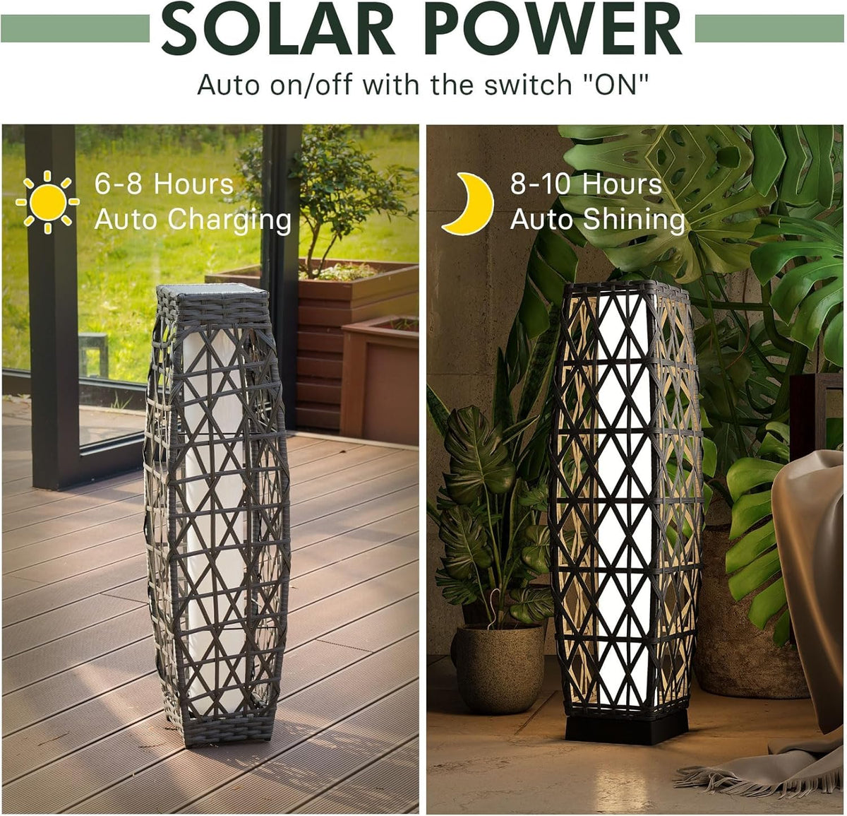 Grand patio 2-Piece Solar Outdoor Floor Lamp Solar Powered Wicker Lantern Outdoor Weather-Resistant Deck Light for Garden Porch Yard-Silver Gray, Large Cindy
