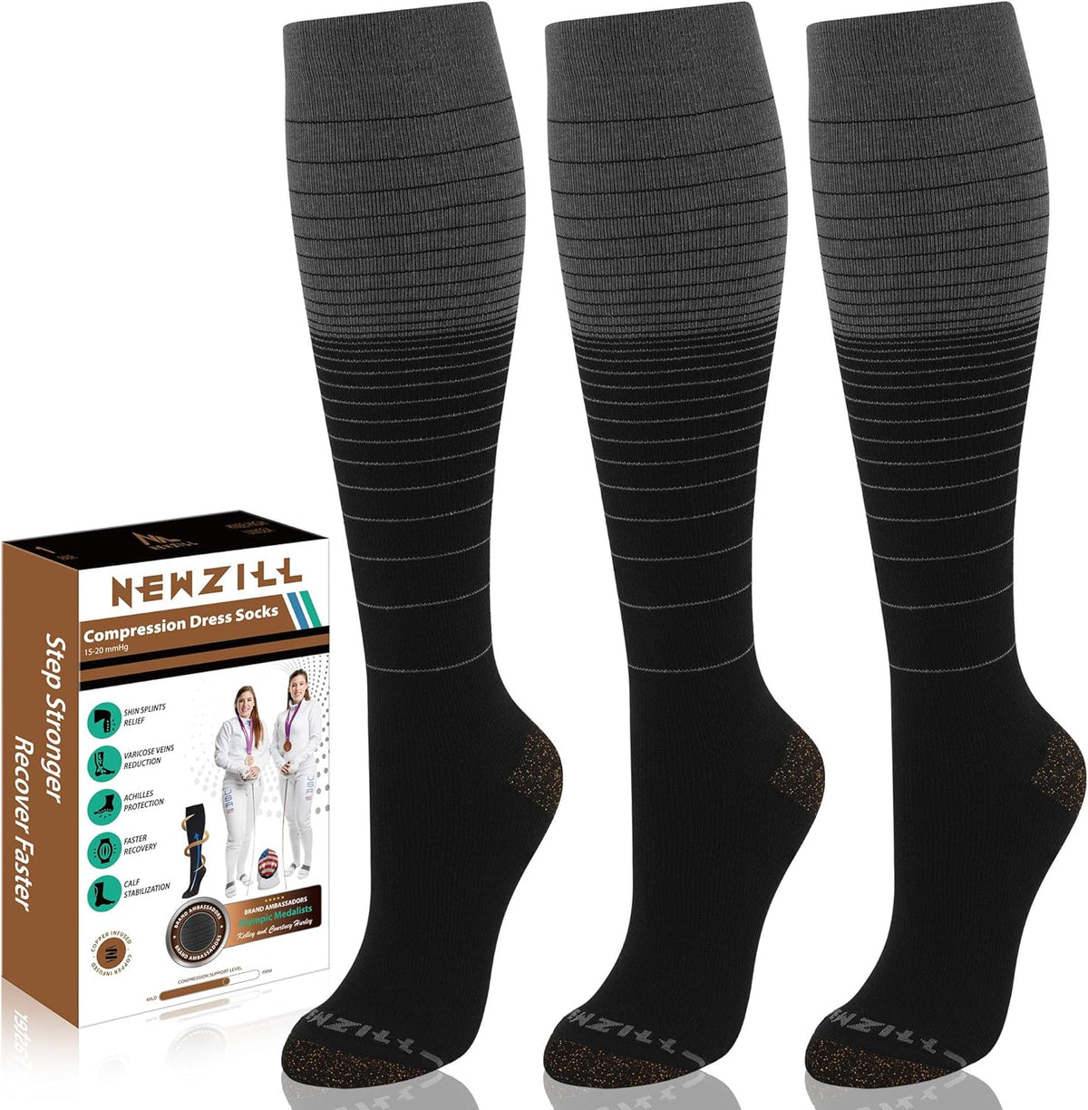 NEWZILL Copper Compression Socks for Women & Men 15-20mmHg Cotton Rich Odor Control Dress Socks for Business Casual Running Medical Athletic Support, Edema Diabetic Relief