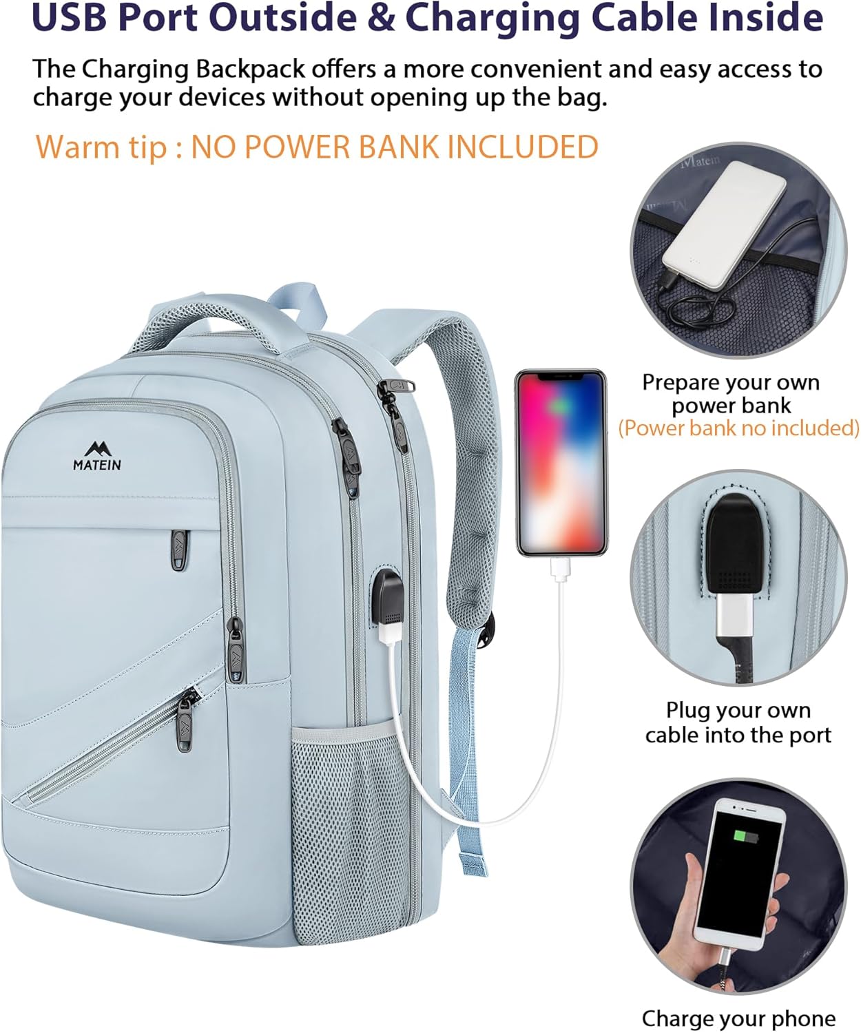 MATEIN College Backpack Women, 17 Inch Large Capacity School Laptop Bookbag with USB Port for Teachers, Water Resistant Nursing Work Computer Backpack, Multiple Pockets Travel Daypack, Haze Blue