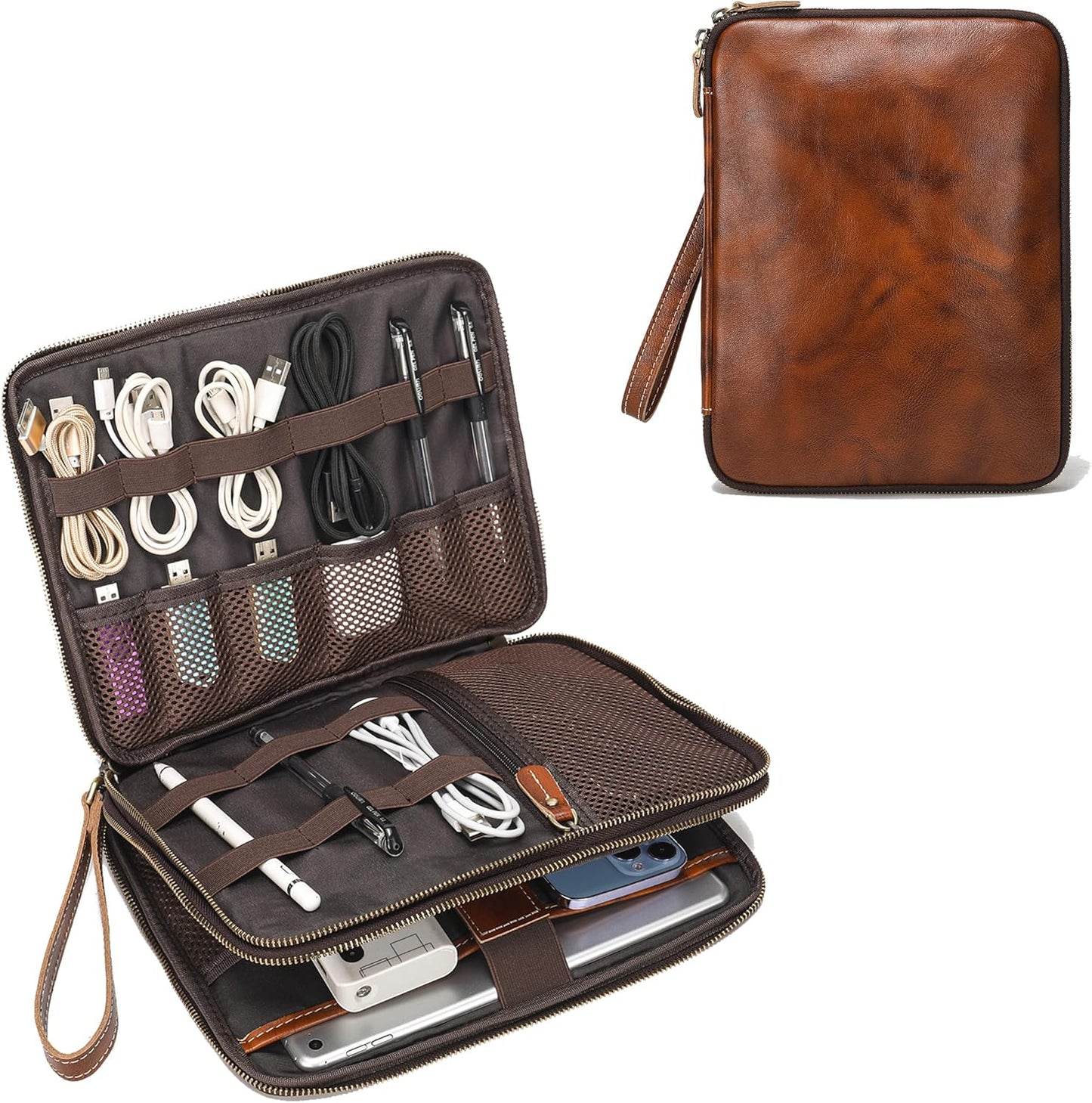 LANNSYNE Full Grain Leather Travel Cable Accessories Bag, Electronic Organizer Carry Case Double Layer Storage Case for Cables, Charger, Phone, Power Bank