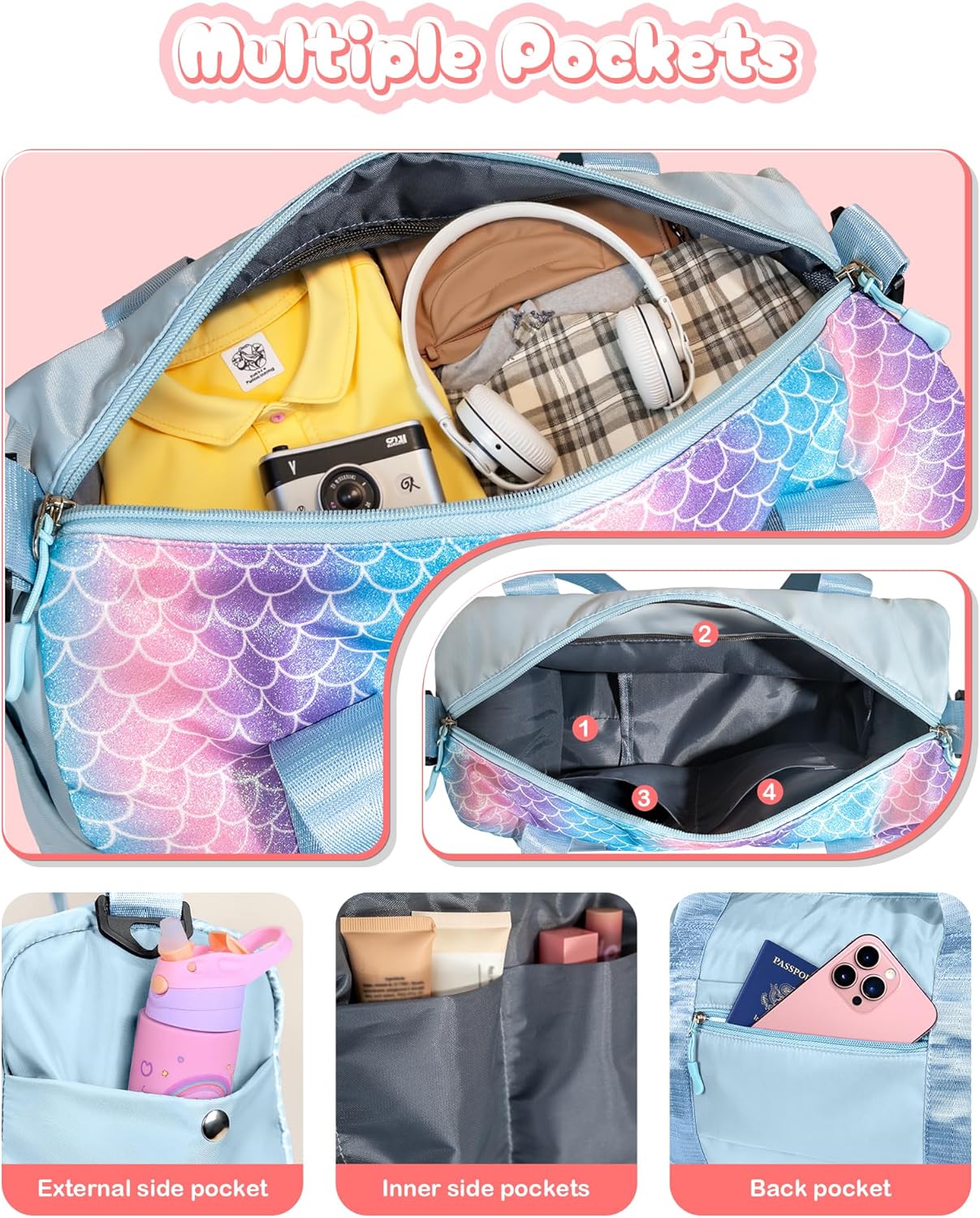 Girls Cheer Up Gifts-Girl Gym Bag with Shoe Compartment, Kid Personalized Weekender Overnight Bags, Initial Travel Tote with Makeup Pouch, Graduation Gift for Niece Kids Daughter (Letter K)