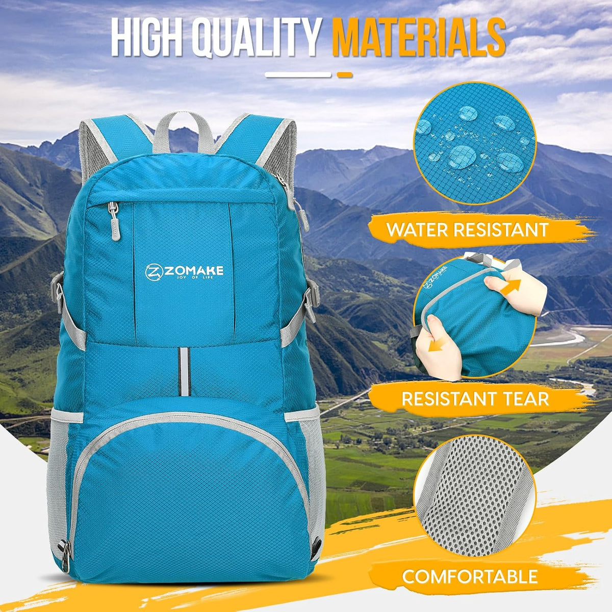 ZOMAKE Lightweight Packable Backpack 35L, Light Foldable Backpacks Water Resistant Collapsible Hiking Bag, Compact Folding Day Pack for Travel Camping(Light Blue)