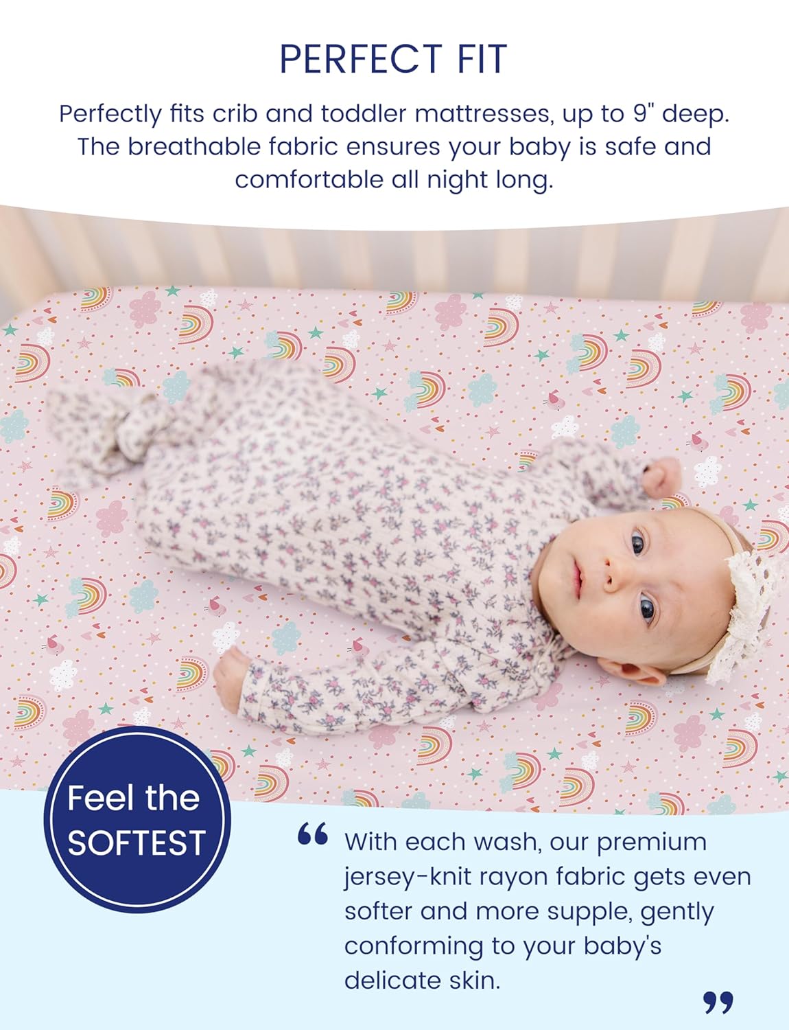 TotAha Pink Rainbow Crib Sheets Girl - Hypoallergenic, Silky Comfort, Buttery Soft, Calming Effect, All-Season Premium Stretchy Jersey-Knit Sheets, 9'' Extra Deep Pocket-2 Pack