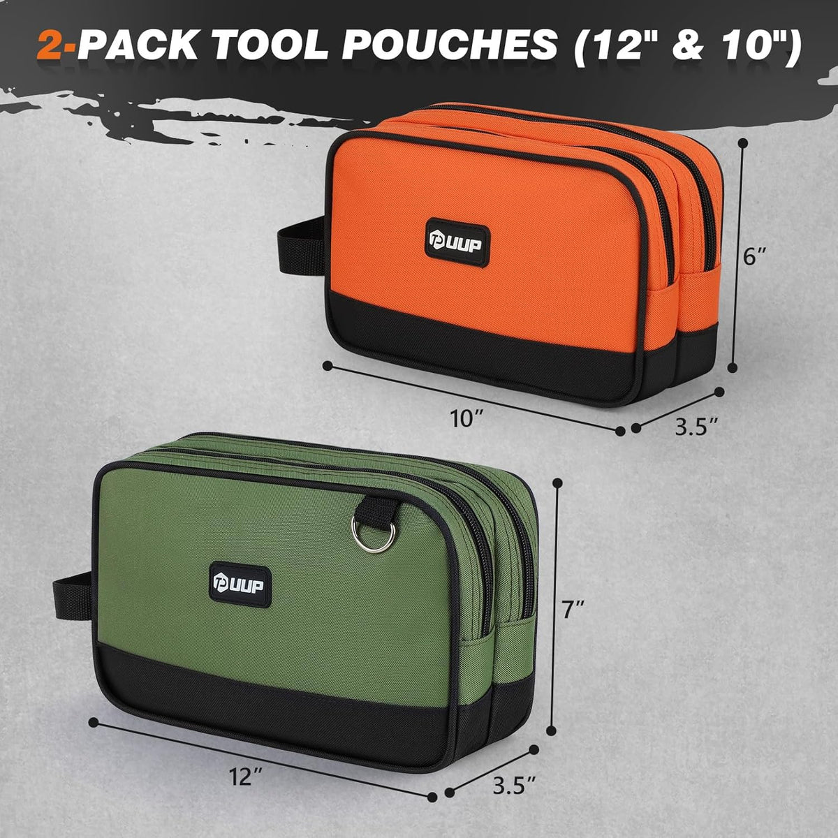 Small Tool Bag 2 Pack, Zipper Tool Pouch Two Compartments, 10 12 inch Utility ToolBag with Carrying Handle, Toolbox Storage Organizer for Electrician Mechanic, Gift for Men Dad, Orange/Green