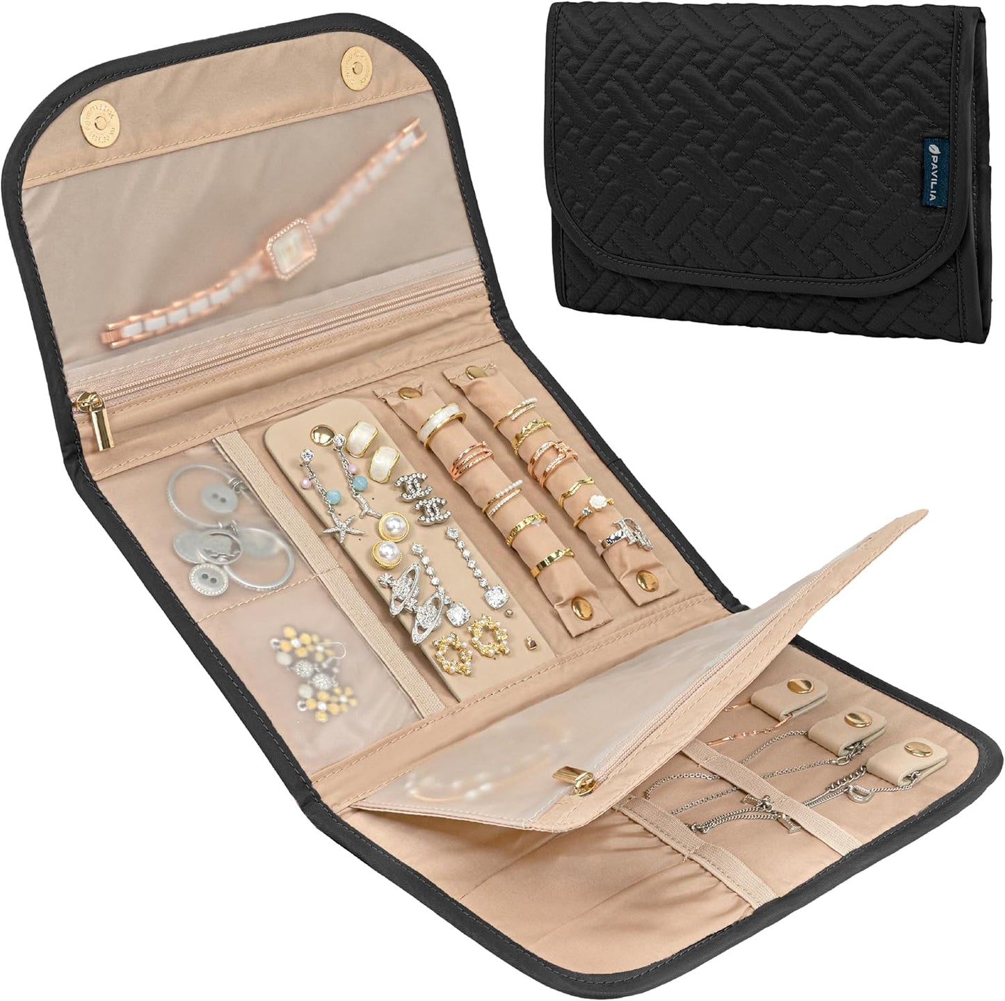 Pavilia Foldable Jewelry Organizer - Travel Roll Bag with Compartments for Earrings, Rings, Necklaces, Bracelets - Packing Accessory