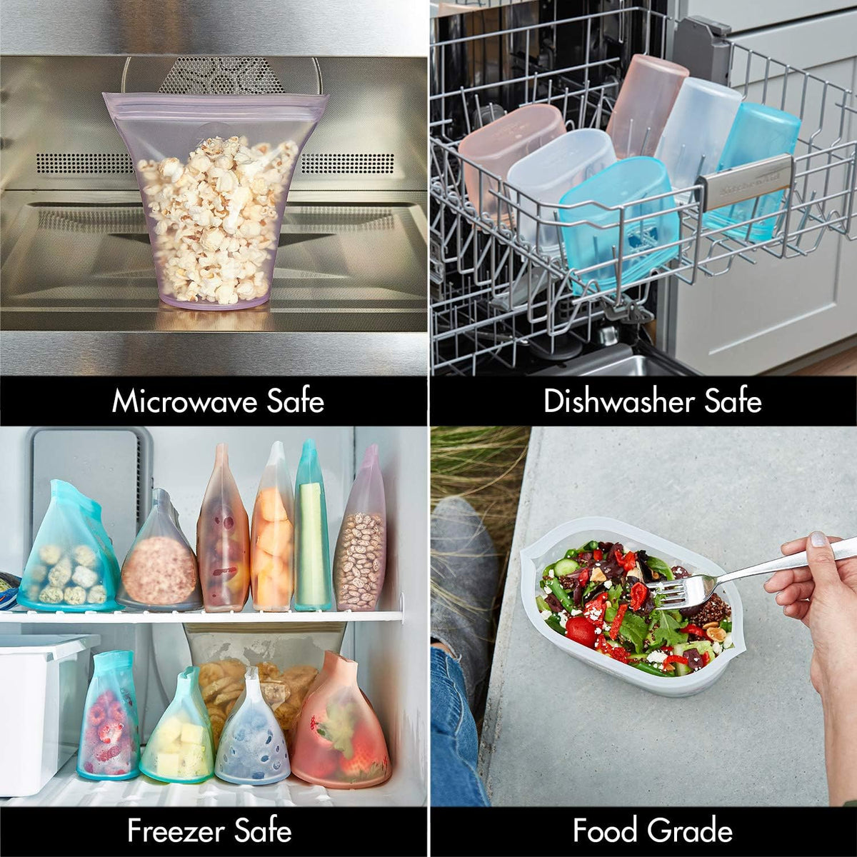 Zip Top Reusable Food Storage Bags | Full Set of 8 [Gray] | Silicone Meal Prep Container | Microwave, Dishwasher and Freezer Safe | Made in the USA