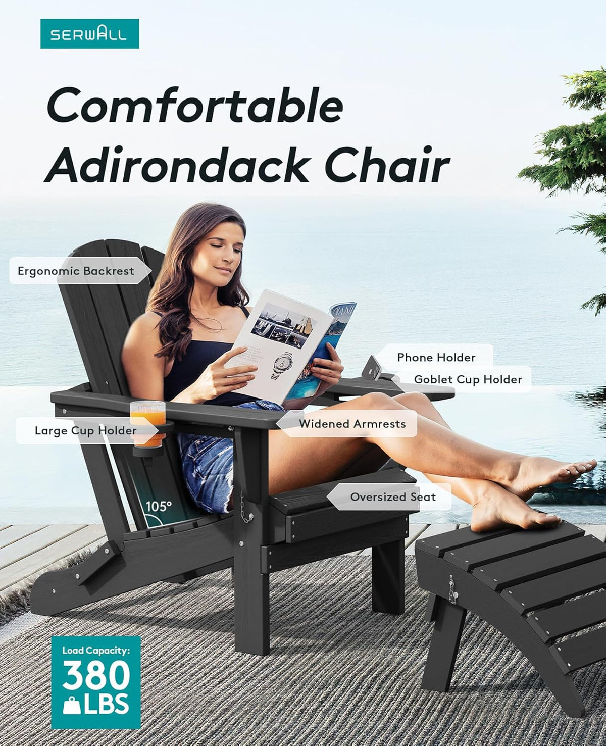 SERWALL HDPE Folding Adirondack Chair with Dual Cup Holder - Composite Adirondack Chair Set of 6- Black