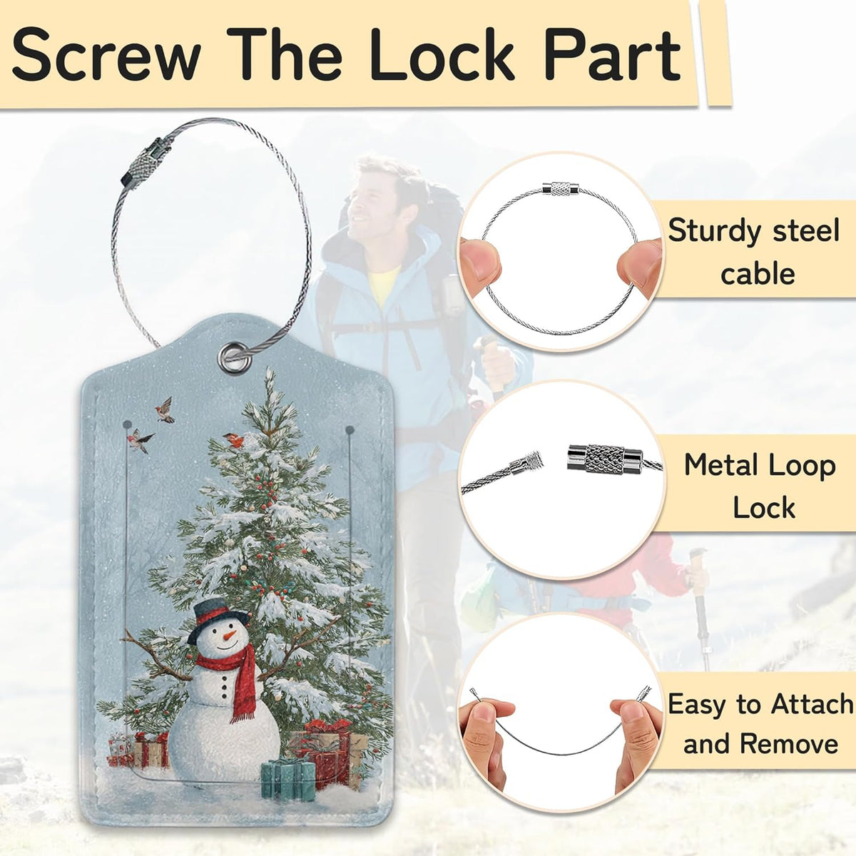 Merry Christmas 3 Pack PU Leahter Luggage Tag with Stainless Steel Loop,Christmas Tree Travel Suitcase Labels with Privacy Cover ID Label Quickly Spot for Bags