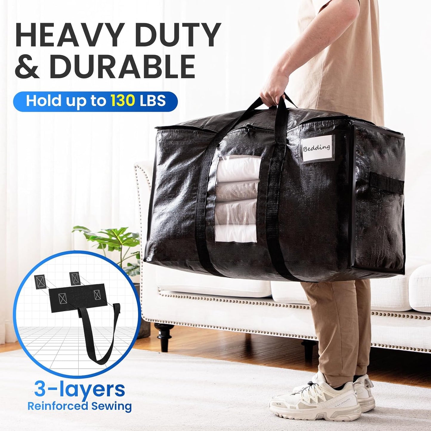 TAILI Extra Large Moving Bags, 4 Pack Black Heavy Duty Totes For Storage with Visible Window, Wrap Around Handles, Storage Bags for Space Saving, Alternative to Moving Boxes