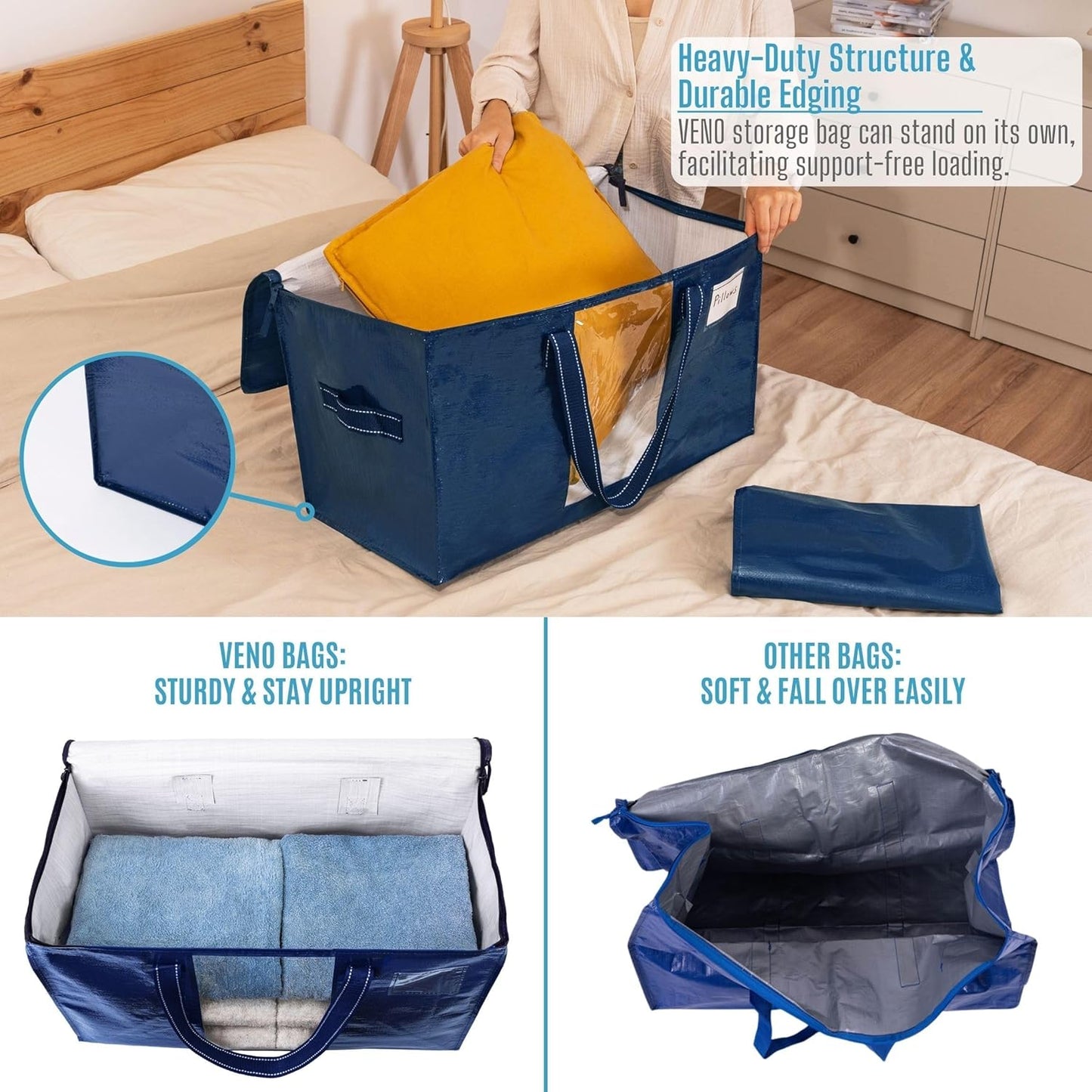 VENO 10 Pack Moving Bags, Comforter and Blanket Storage Bags for Closet, Moving Boxes, Boxes with Lids Alternative, College Dorm Packing Supplies, Foldable Heavy-Duty Tote (Blue, 10 Pack)