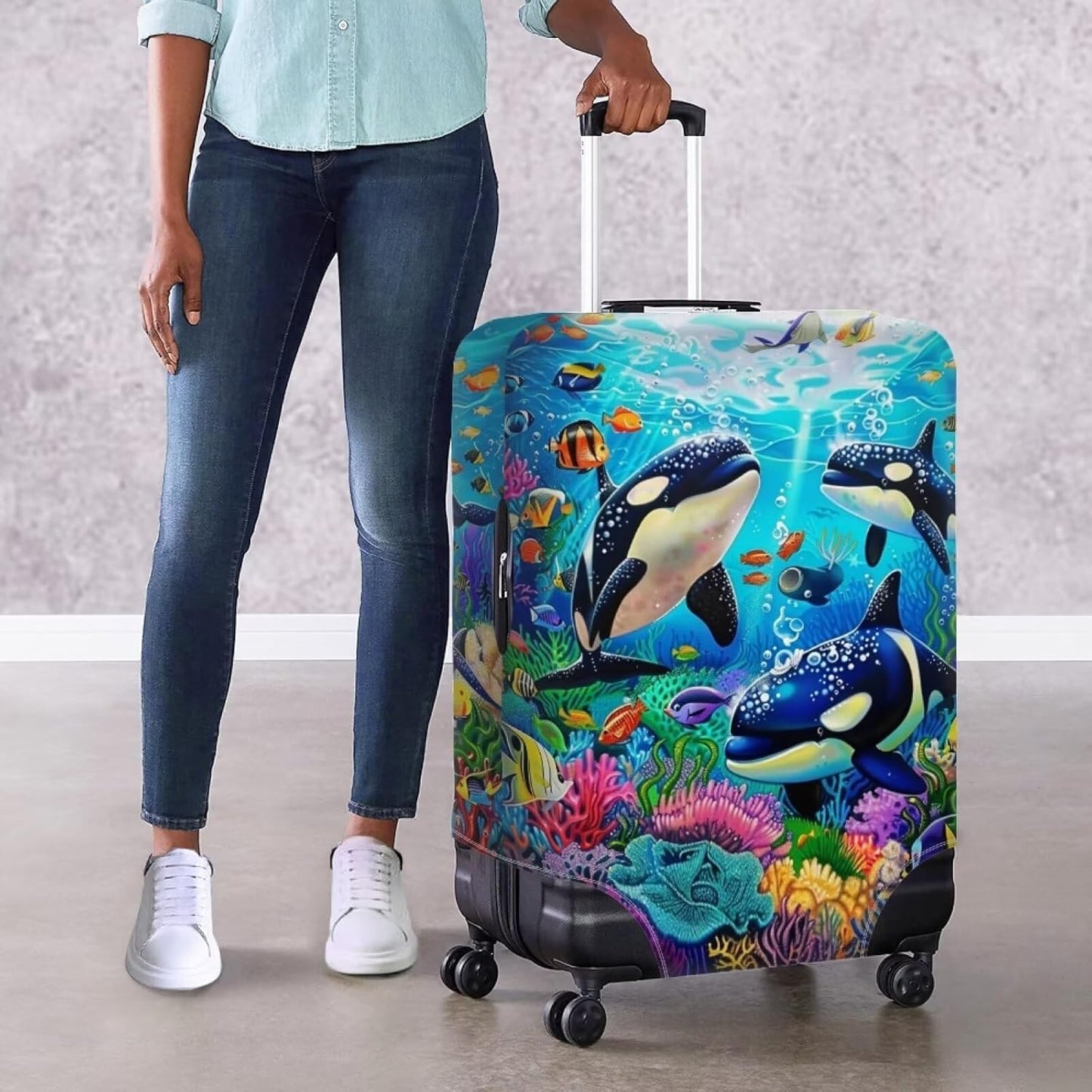 Killer Whale Luggage Cover Elastic Universal Luggage Covers for Suitcase Fit 30-32 Inch Zip Closure Suitcase Cover Protector for Travel Business Anti-Scratch Baggage Covers Case