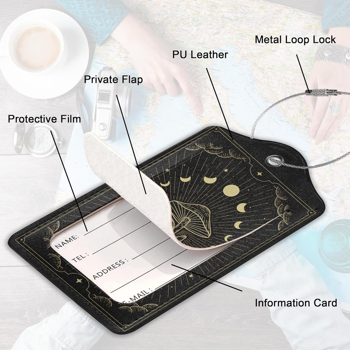 Zodiac Moon Phase Luggage Tag for Suitcase, Mushroom Luggage Tag with Privacy Flap & Name ID Label & Metal Loop, Travel Suitcase Tags for Women