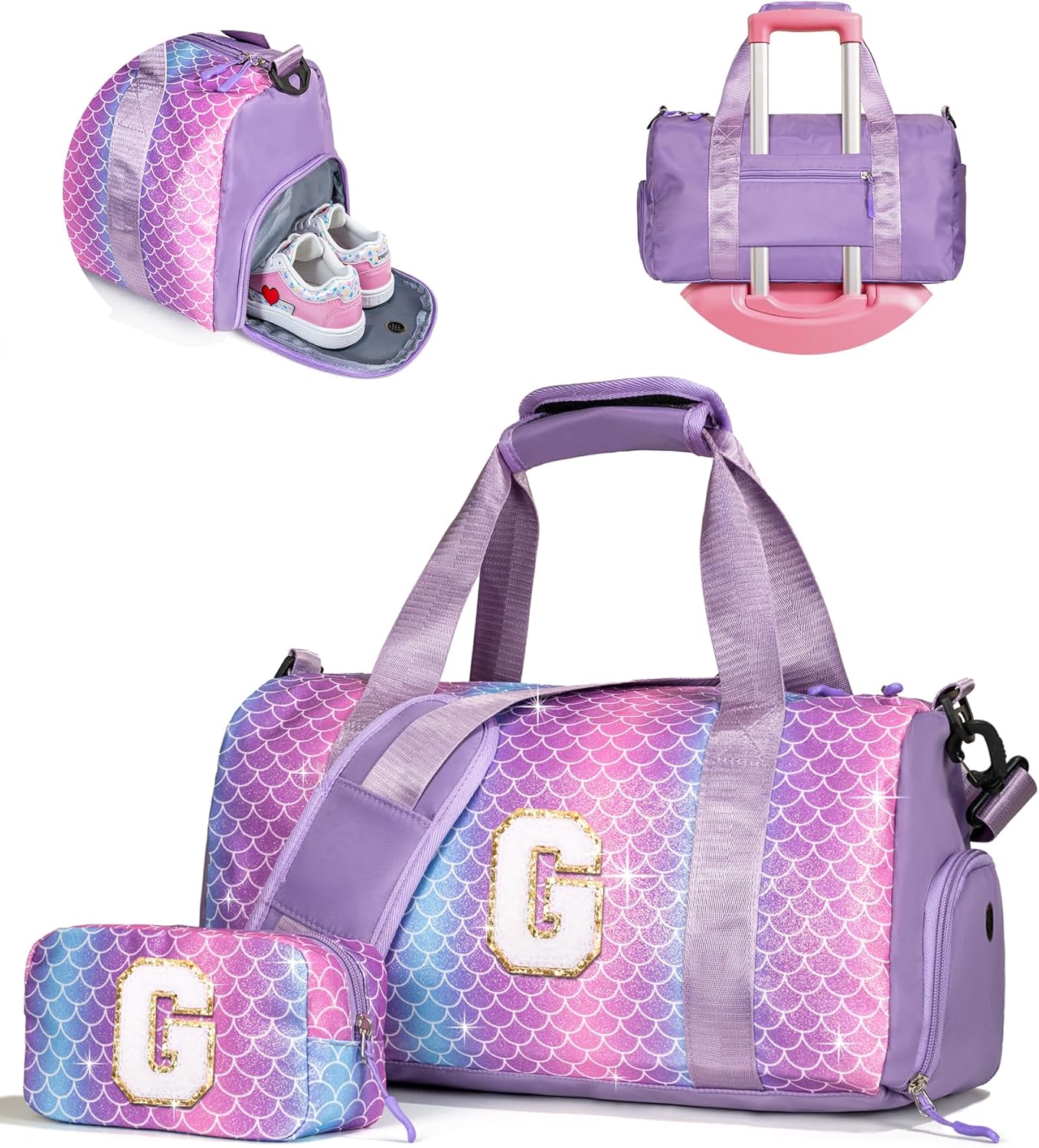 Gifts for 4 5 6 7 8 9 10 Year Old Girls-Girl Gym Bag with Shoe Compartment, Kid Personalized Weekender Overnight Bags, Initial Travel Tote with Makeup Pouch, Gift for Daughter (Letter G)