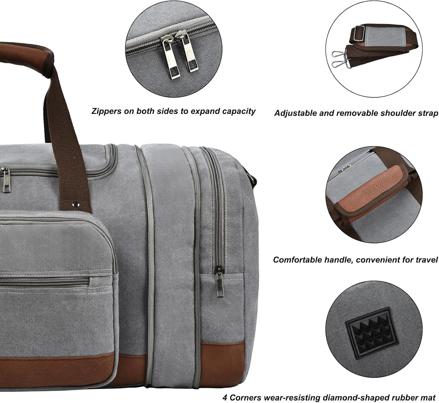 Litvyak Duffle Bag for Travel, Large 60L Canvas Travel Duffel Bags Overnight Weekend Gym Carry On Luggage Bag for Men & Women(Grey)