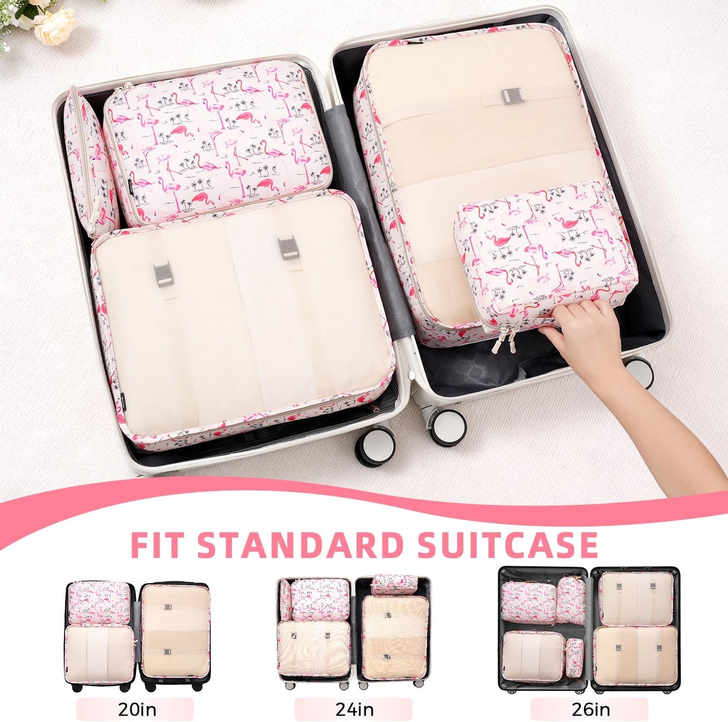 BAGAIL 8 Set Packing Cubes Luggage Packing Organizer Bags for Travel Accessories-Pink Flamingo