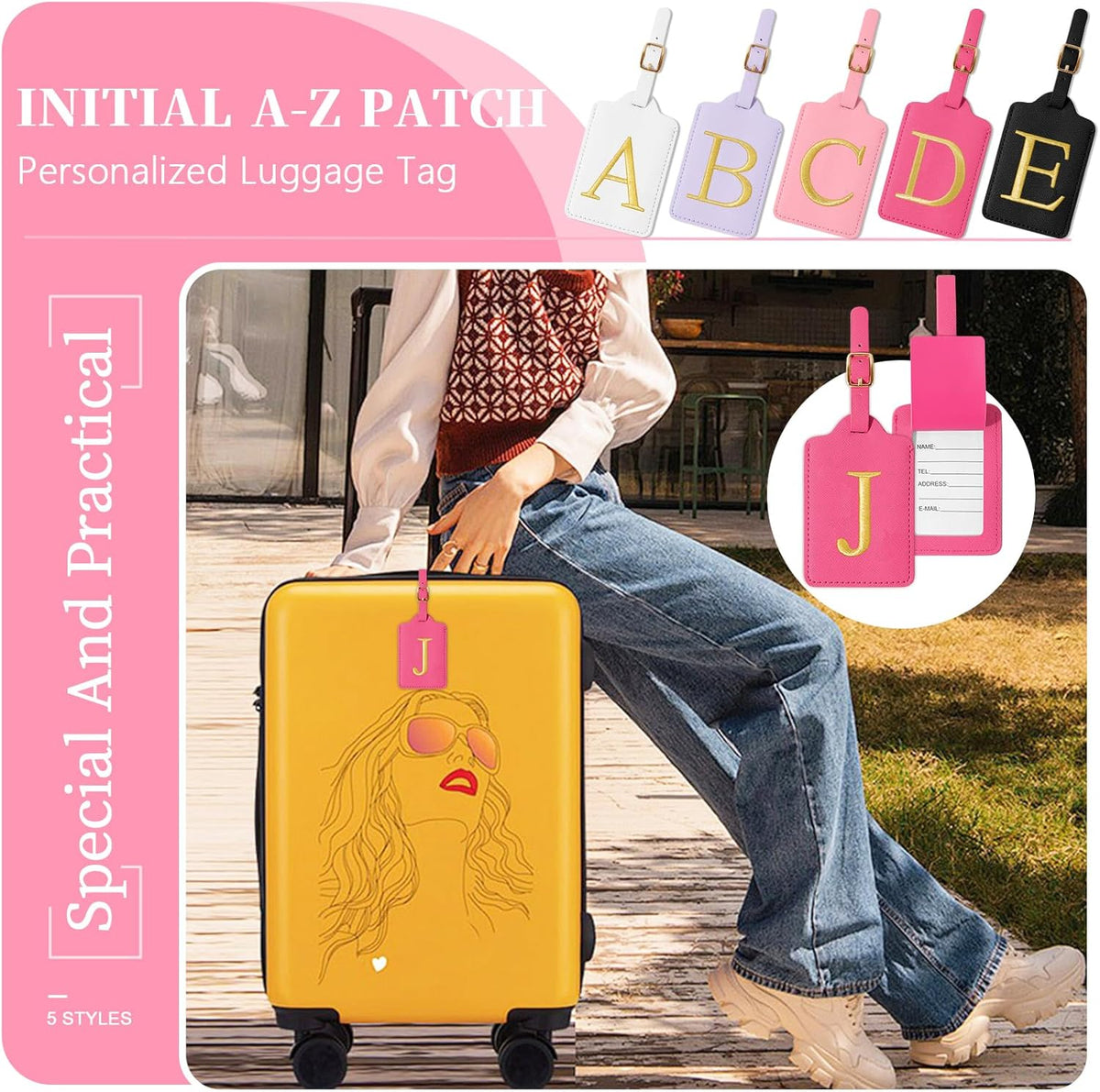 Personalized Initial Cute Luggage Tags - Rose Red Leather with Privacy Cover, Embroidered Custom Monogram for Women Kids