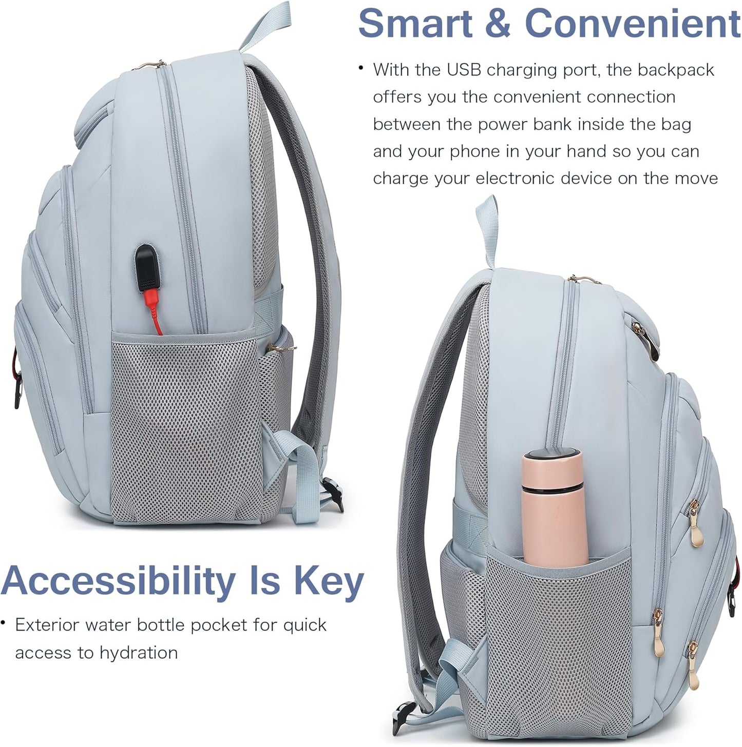 Boavan Laptop Backpack for women, 15.6 inch Laptop Bag with USB Port, Waterproof Travel Work Backpack Purse, Anti-Theft Teacher Nurse Doctor Casual Bookbags Office Business backpack，Blue