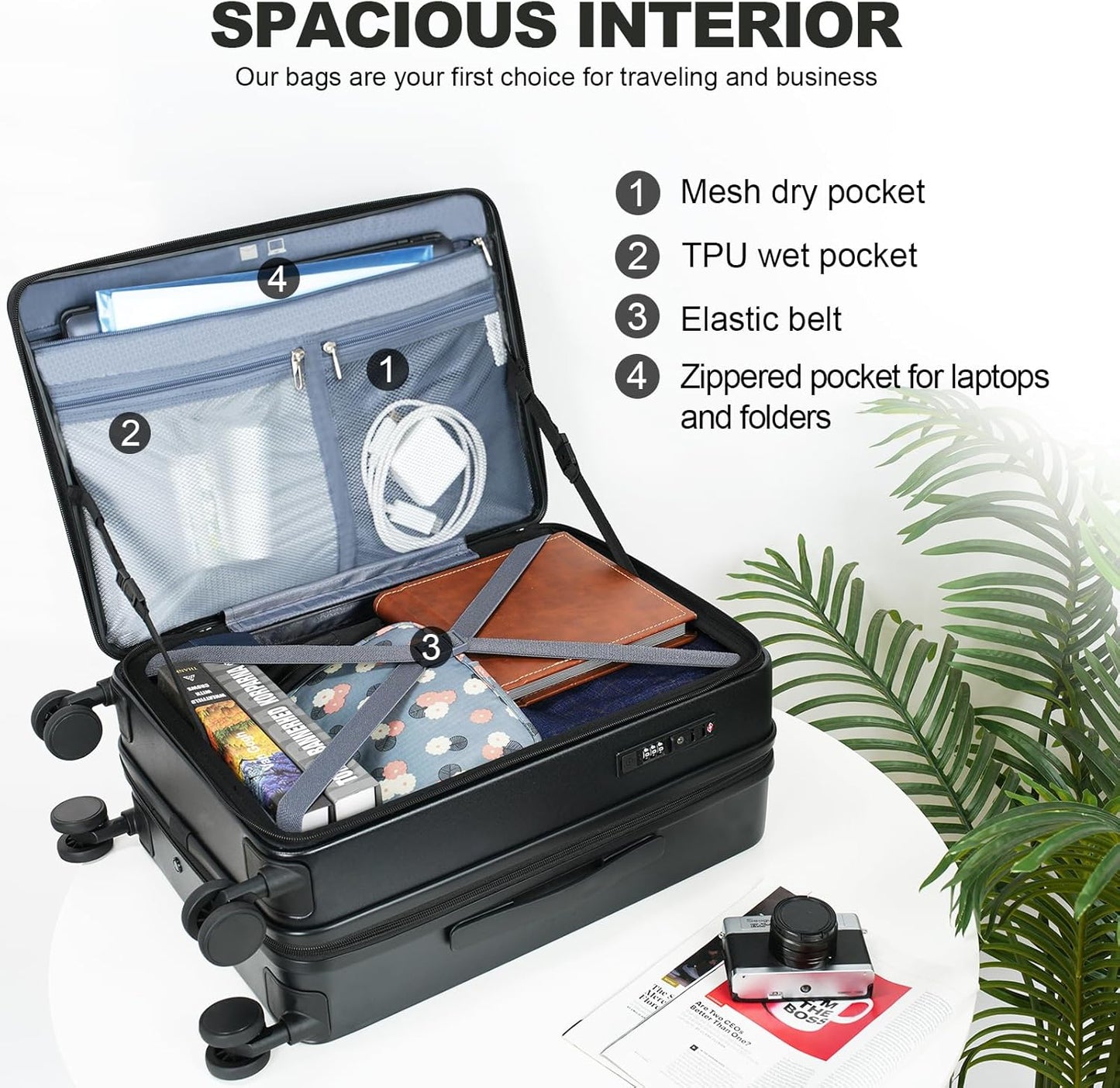 KROSER Carry On Luggage with Spinner Wheels & Built-in TSA Lock, Expandable Top Loading Hard Shell Suitcase Large Capacity Durable Rolling Luggage with USB Port, Carry-On 20-Inch, Black