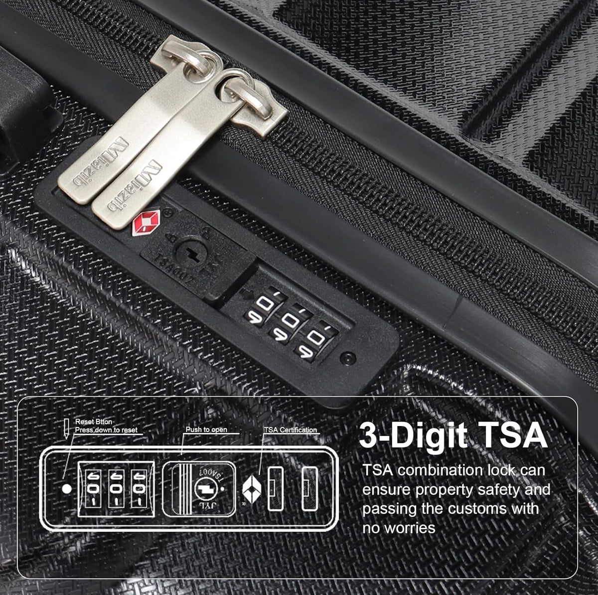 Hardshell Luggage Sets 3 Piece ABS+PC Travel Suitcase Hard Sided Luggage with Spinner Wheels Checked Luggage Durable Lightweight Hard Case Luggage (Black)