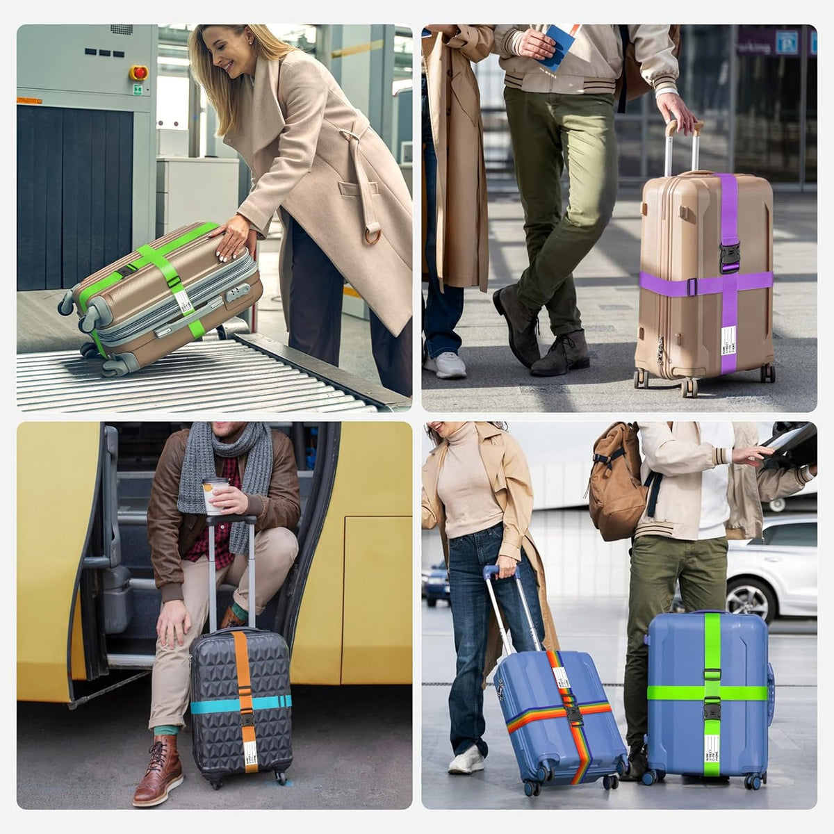 BILIONE Luggage Straps 88 inch Adjustable Suitcase Belt, Lockable Against Accidental Opening, Easy to Identify Travel Accessories, Add a Bag Connector (Vibrant Blue + Green, 4)