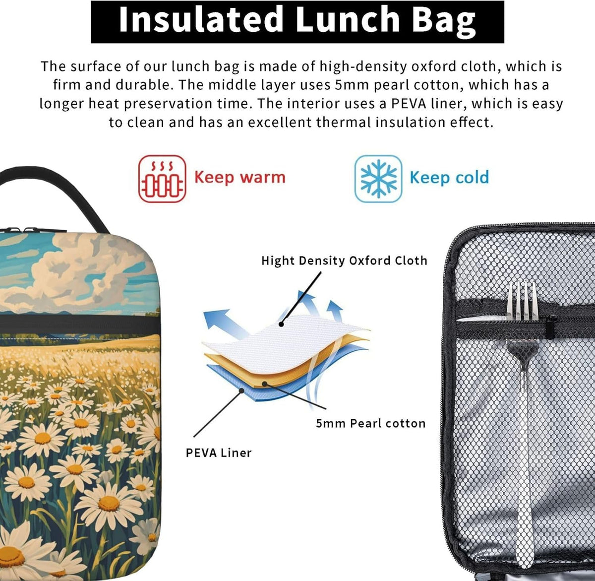 Daisy Flower Lunch Box for Kids Aldults, Nature Floral Reusable Thermal Insulation Cooler Tote Bags, Meadow Wildflower Field Insulated Bag for Student, School Picnic Camping Travel, Gifts