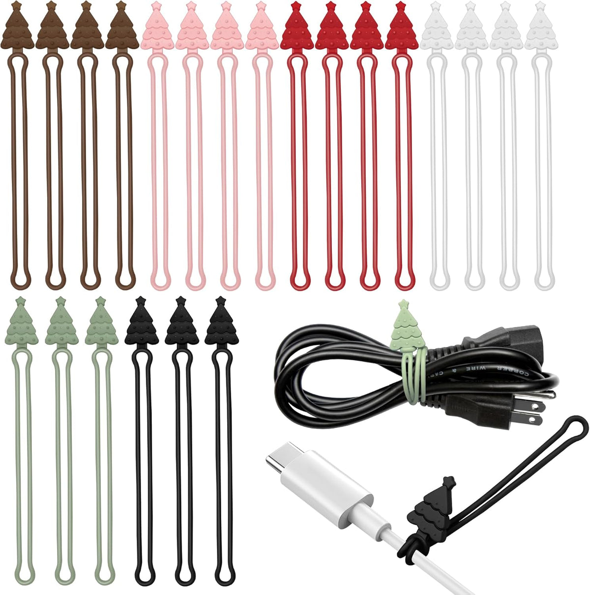Nearockle 24Pcs Silicone Cable Ties Cord Organizer, 4.5" Reusable Cute Christmas Ties for Bundling Electrical Wire in Home, Office, School, Travel Essentials (Multicolor)