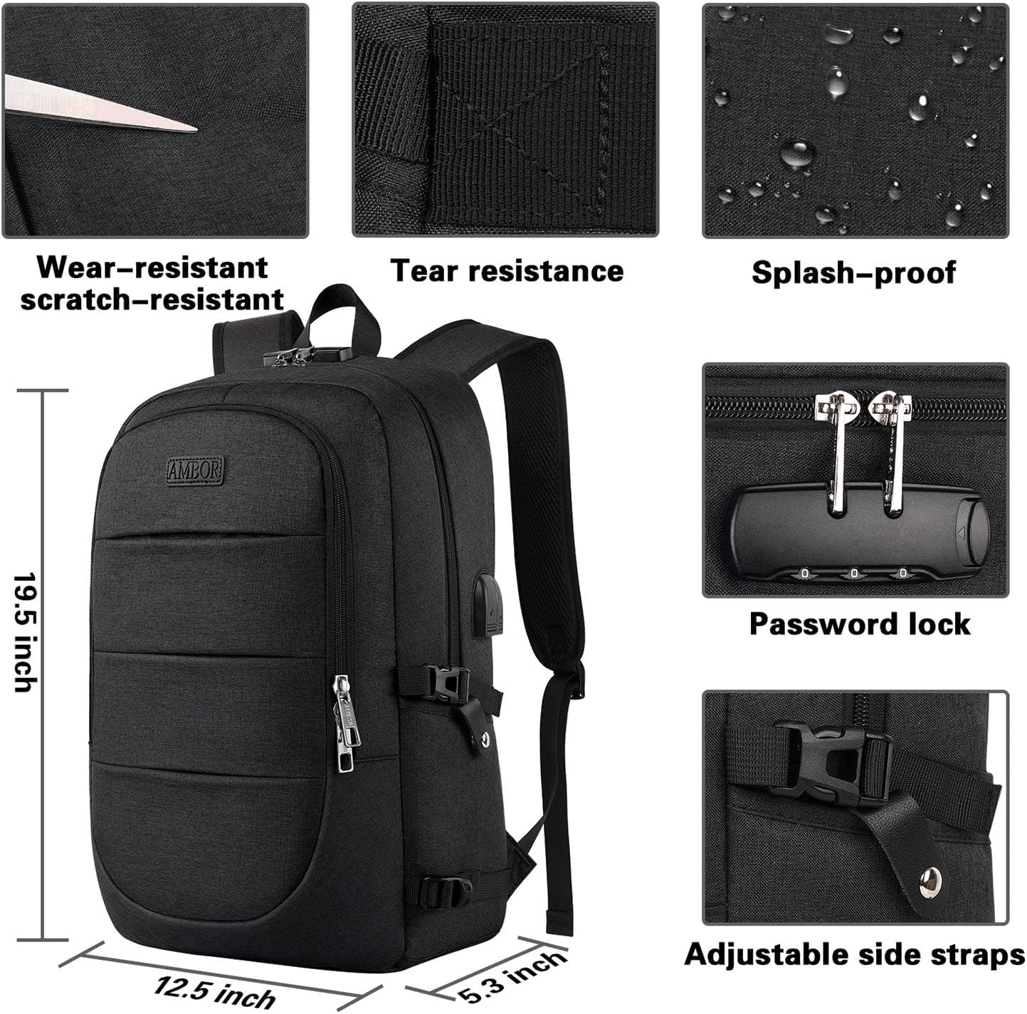 AMBOR Travel Laptop Backpack for Ｍen, 15.6-17.3 inch Laptop Backpack for School, Anti Theft Business Work Backpack with USB Charging Port, Water Resistant College Computer Bag for Men & Women, Black
